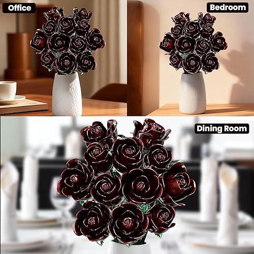 Miniatura 8 de Juego de construcción de ramo de rosas rojas burdeos para mujeres adultas, colección botánica, regalo para Halloween, San Valentín y día de la