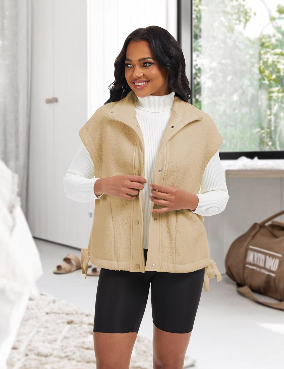 Sherpa Jacket for Women Casual Fleece Vest Oversized Sleeveless Outwear Warm Button Down Gilet with Pockets - Image 2