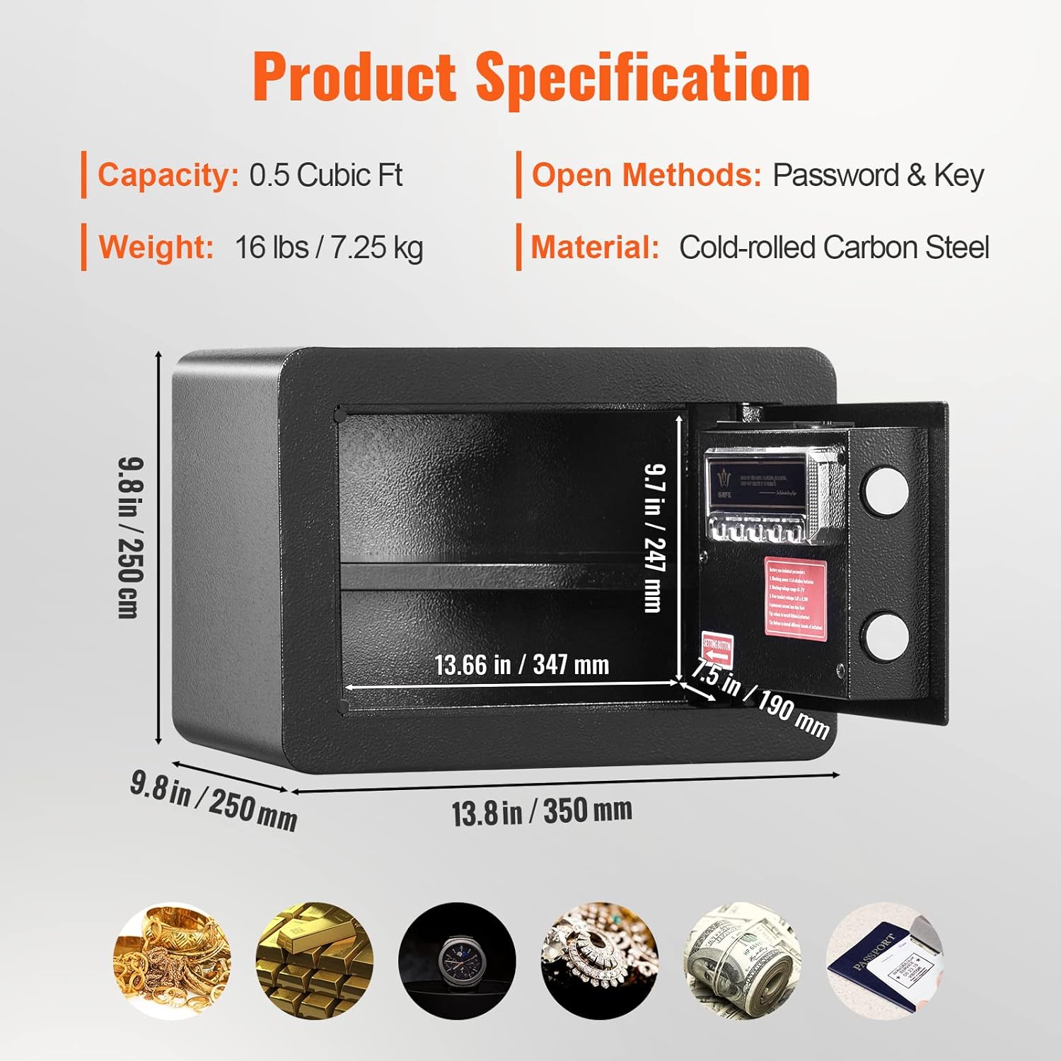 VEVOR Safe 0.5 Cubic Feet Steel Security Safe with Digital Keypad and 2 Keys, Wall-Mounted Cabinet Safe Protect Cash, Gold, Jewelry, Documents for Home, Hotel, 13.8 x 9.8 x 9.8 inches