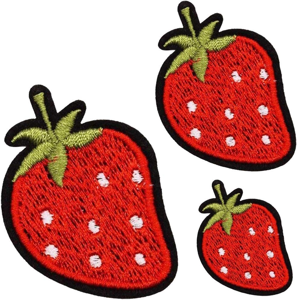 U-Sky Sew or Iron on Embroidered Patches | Realistic Strawberry Design with Seeds | Fun Family Parent-Child Textile Art​ Decals | for Foodie-Lover | 2.99"x2.16"+2.24"x1.57"+1.49"x0.98" | 3PCs Pack