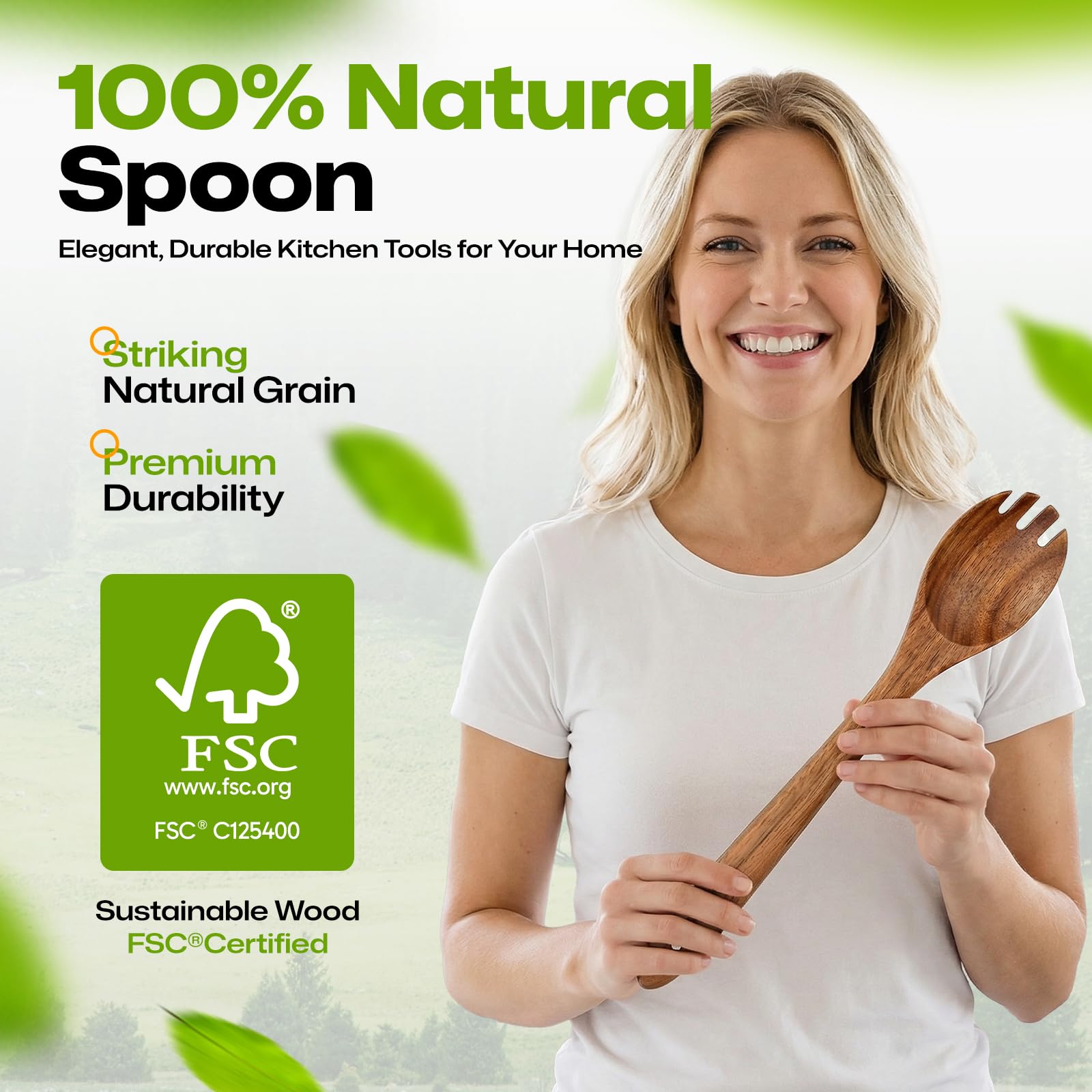 AIUHI Wooden Salad Spoon Fork - 2-in-1 Teak Utensil -2 AIUHI Wooden Salad Spoon Fork - 2-in-1 Teak Utensil -2