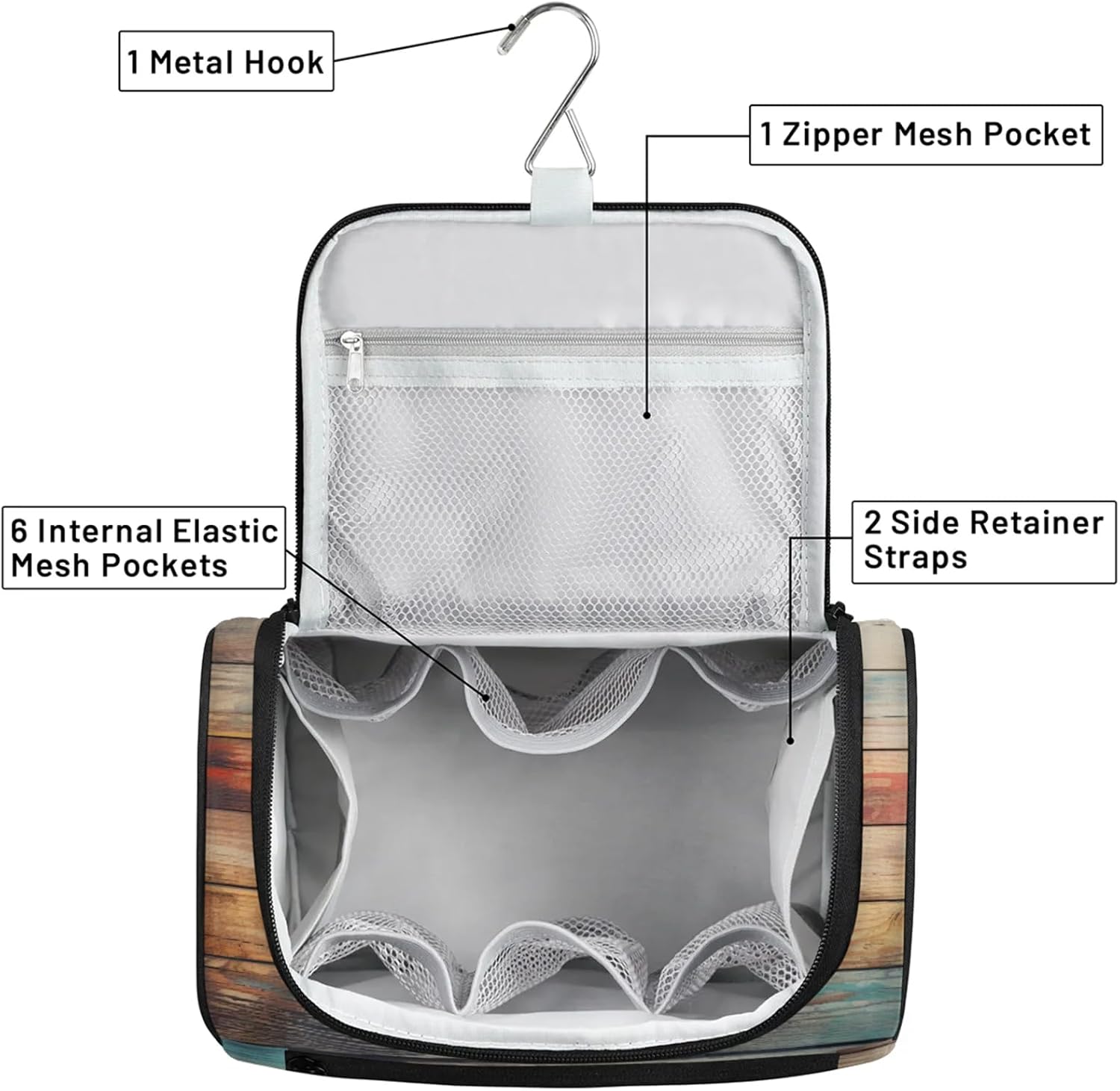 cfpolar Toiletry Bag for Women, Retro Summer Wooden Beach Hanging Travel Toiletry Bag, Water-resistant Cosmetic Makeup Organizer for Toiletries and Cosmetics, Bathroom Shower Bag with Handle and Hook