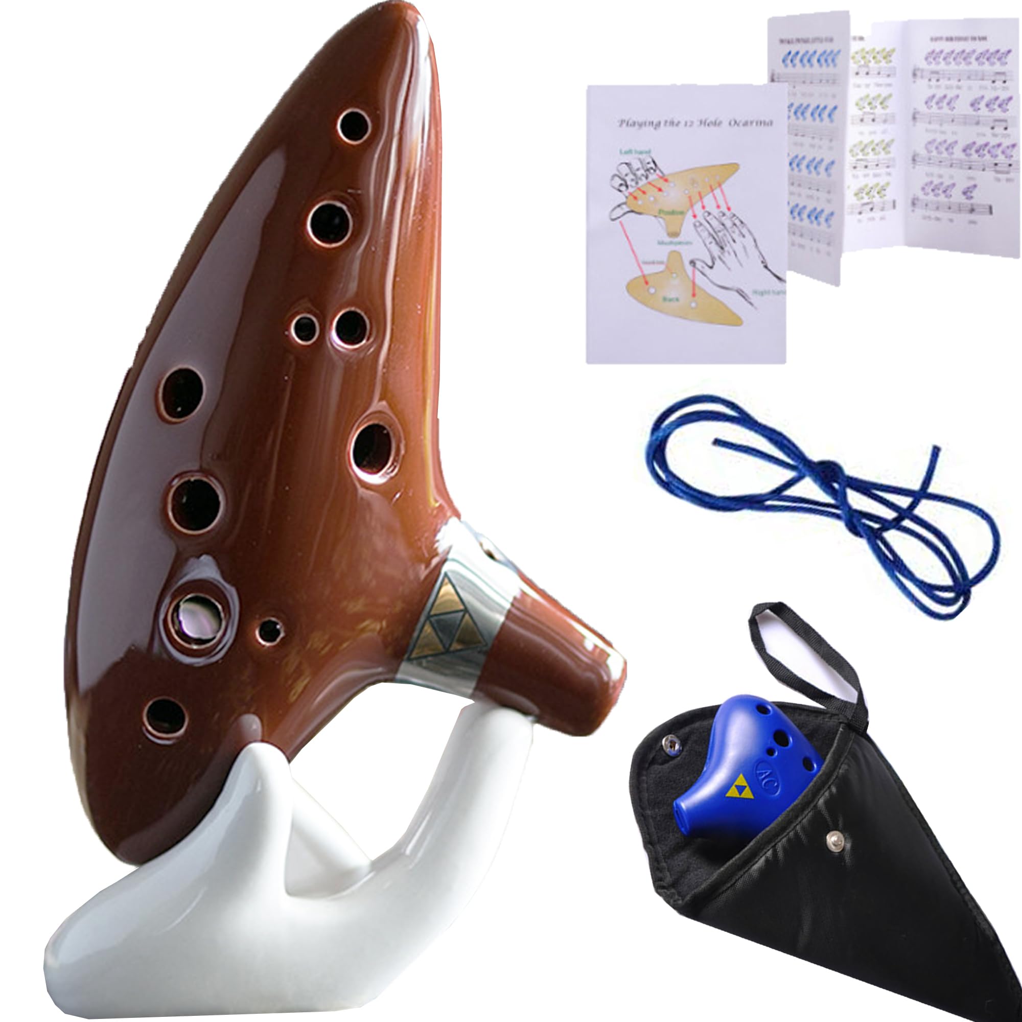 WSNDMOcarina, 12 Hole Alto C Ceramic Instrument, Legend of Zelda Ocarina Flute, with Display Stand, Protective Bag, Neck String and Music Sheet, for Beginner or Musical instrument lover (brown)
