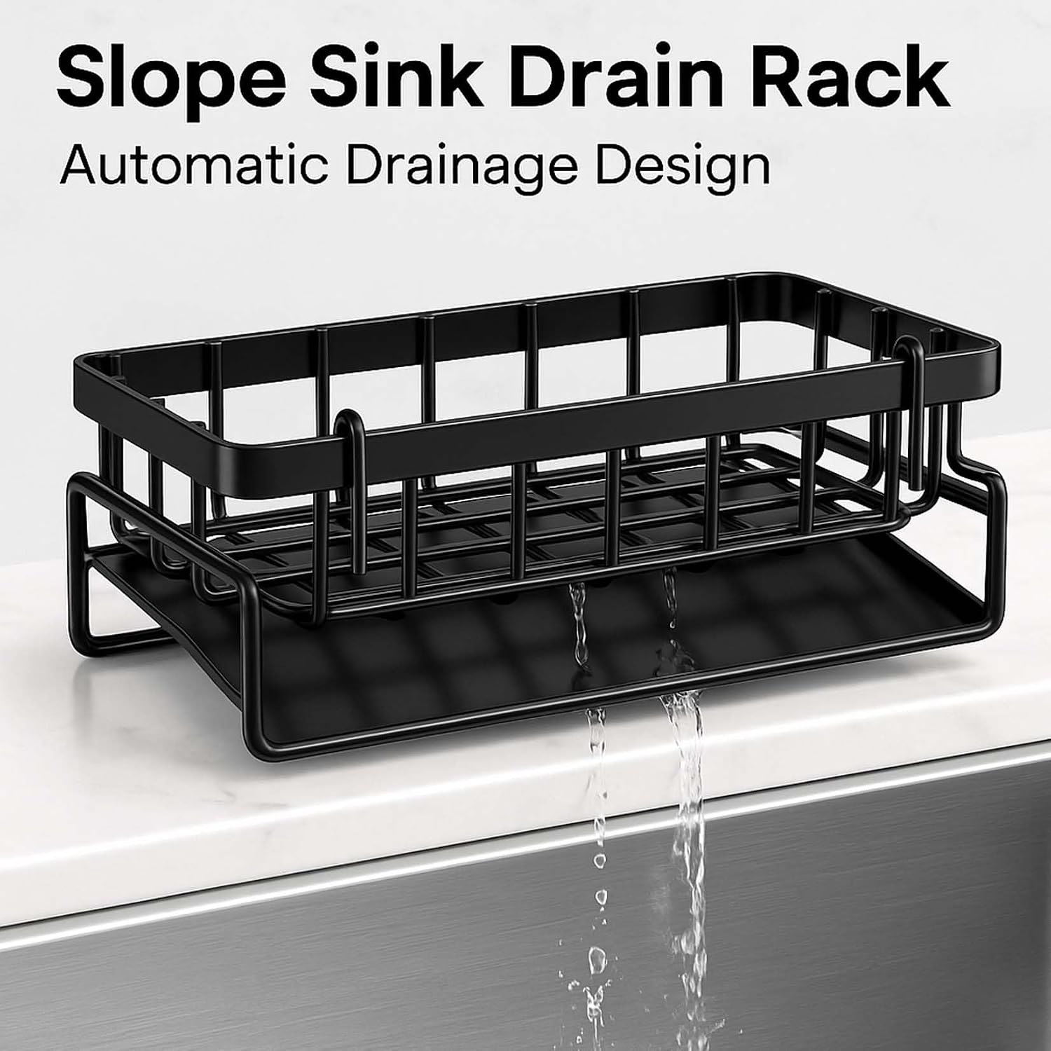 Slope Sink Drain Rack, 2025 Upgraded Kitchen Sink Caddy with Drain Tray, Fast Drying Sponge Holder for Kitchen Sinks, Corner Sin k Drying Rack & Organizer for Countertop (Gray) image 2