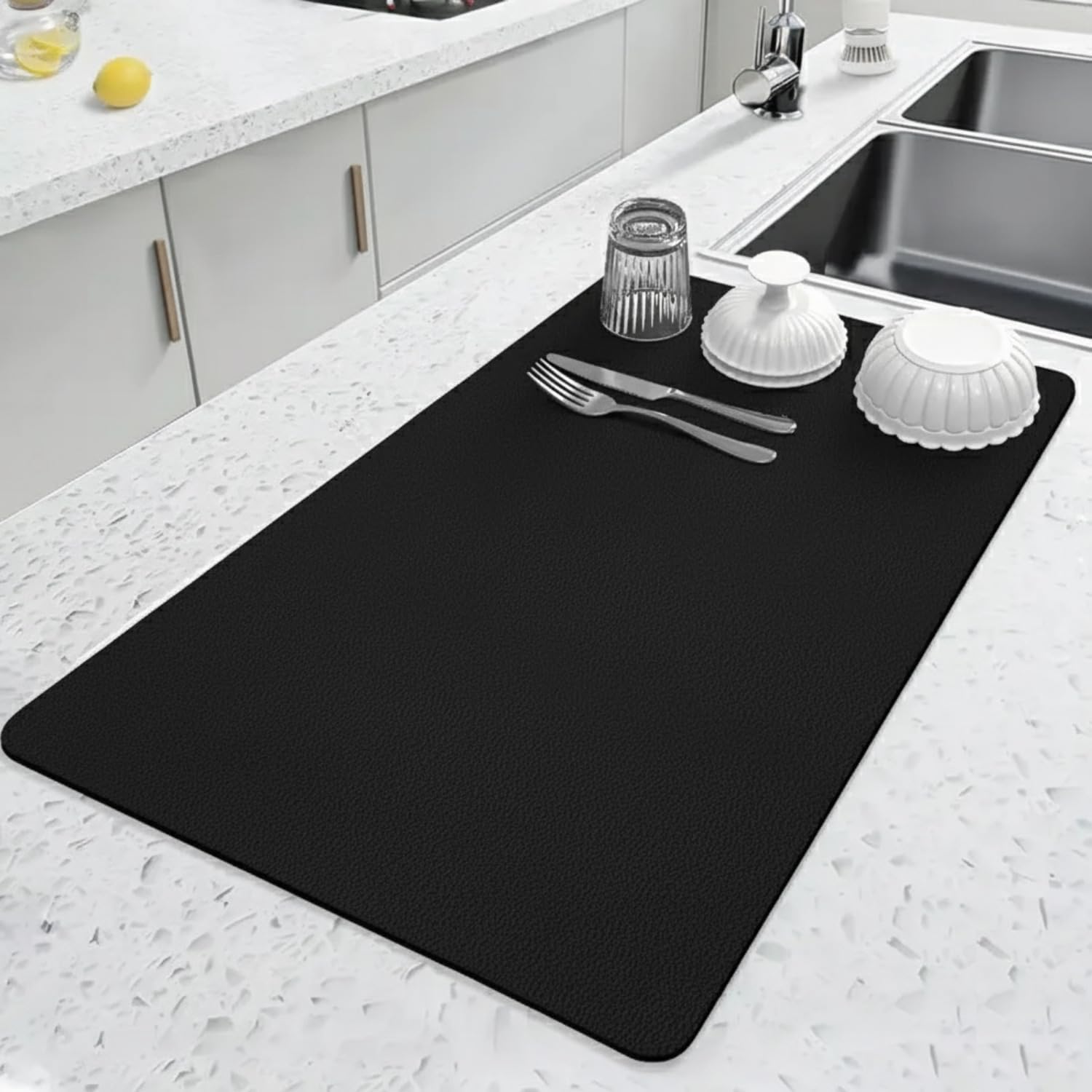 60×40 cm Large Dish Drying Mat for Kitchen 3.5mm Thick Water Absorbent Mat Quick Dry Non-Slip Countertop Protector Utensil Drying Mat for Sink, Vessels & Kitchen Slab (Black)