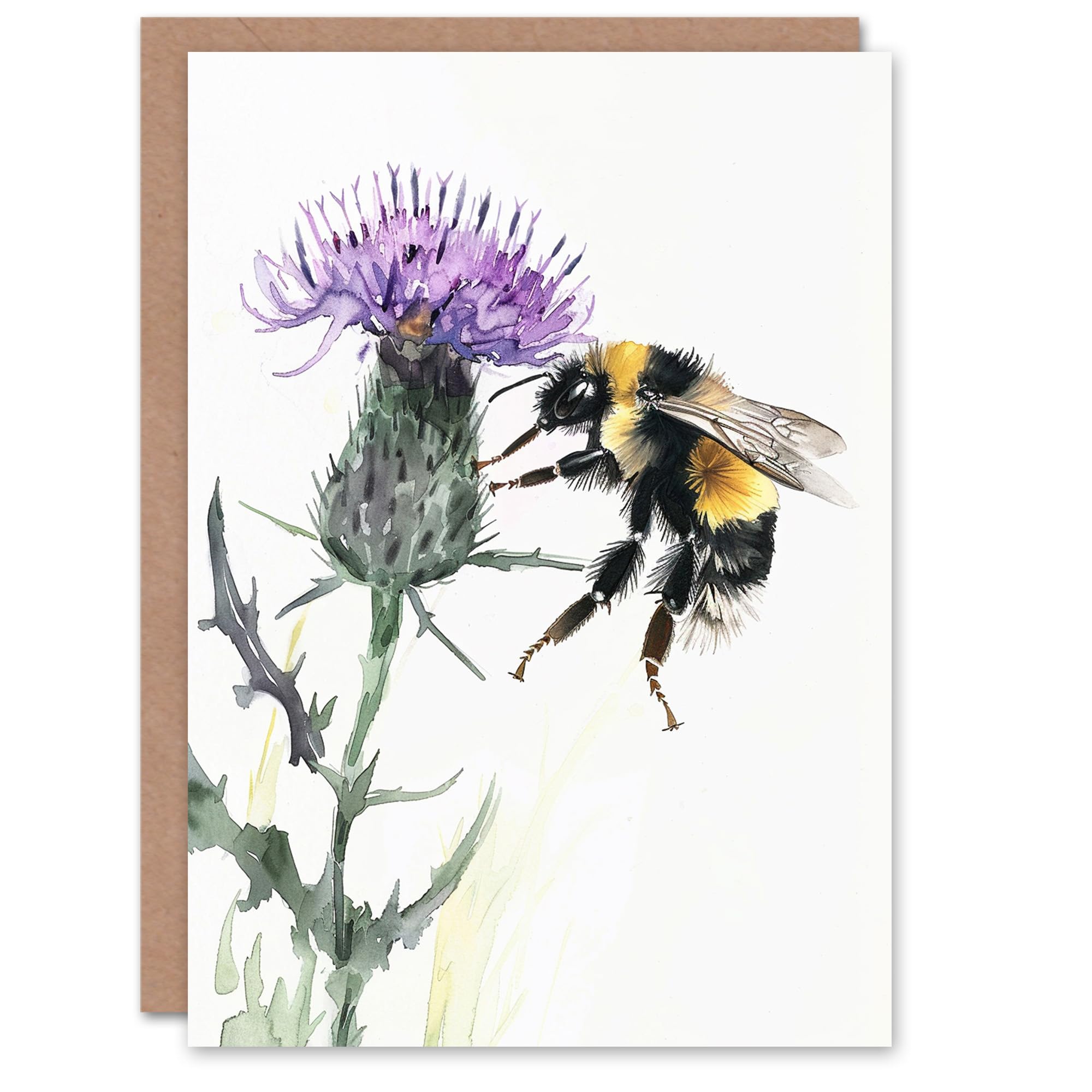Artery8 Bumble Bee on Scottish Thistle Flower Watercolour Blank For Him Or Her Art Birthday Card