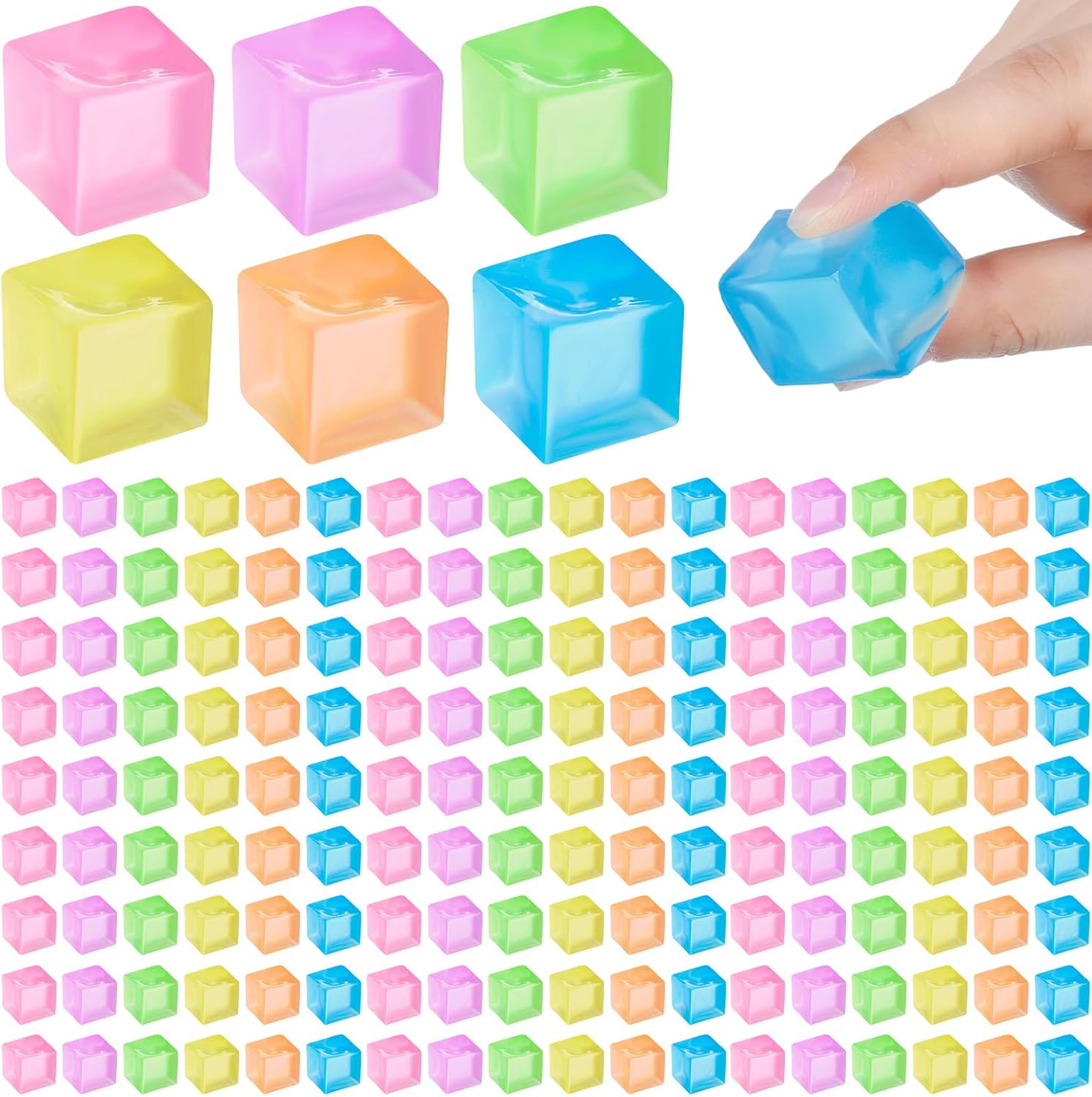 150 Pcs Mini Ice Cube Stress Balls Fidget Toys Bulk Squeeze Square Ball Sensory Toys Stress Relief Ice Cube for Small Prize Birthday Party Favor Bags Box Filling, 6 Colors