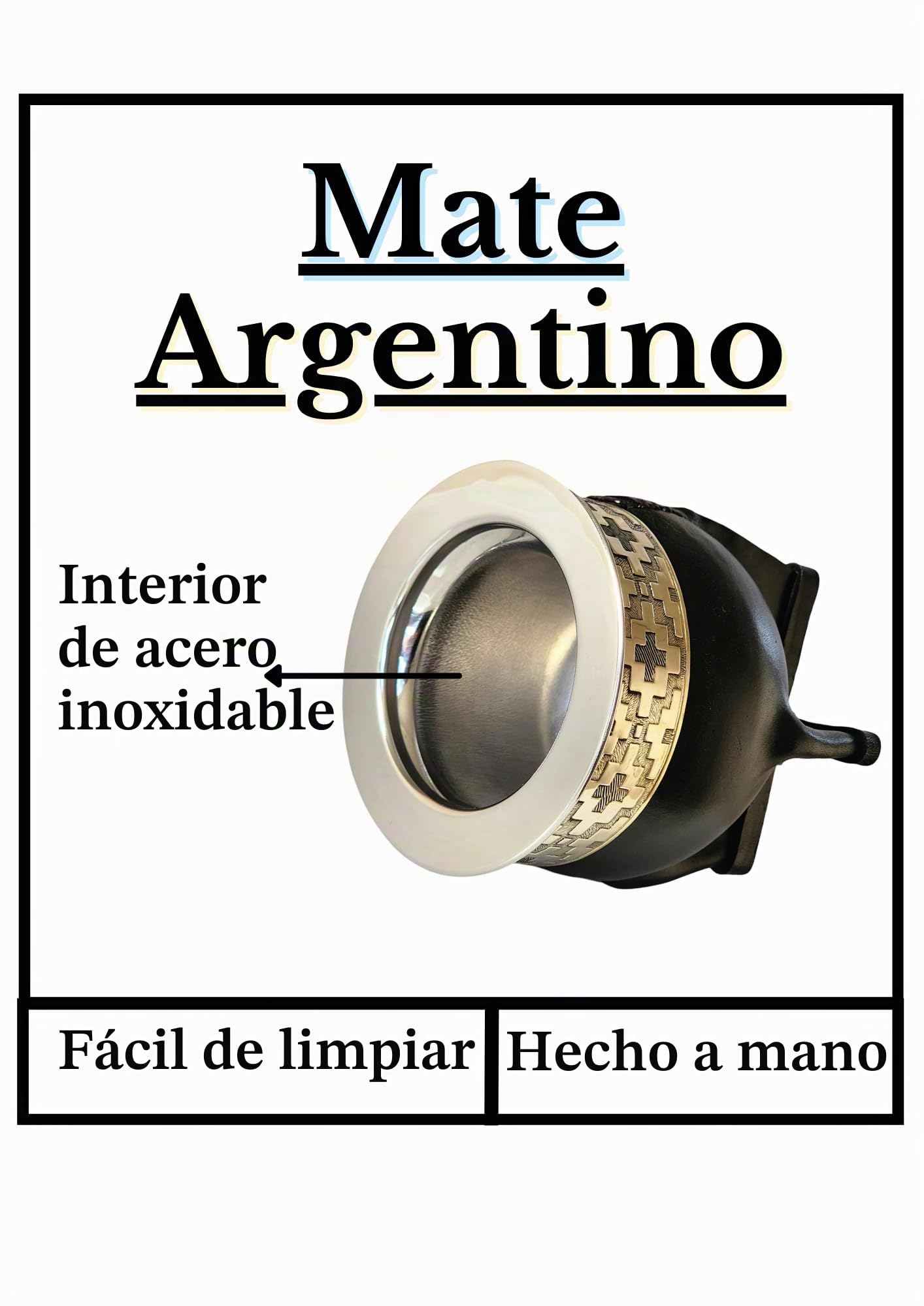 Taza Mate Imperial Argentino Premium - Hecho de Acero Inoxidable Térmico - Exterior Cuero Negro con Plata Alemana - Calabaza Yerba Mate Moderna - Incluye Bombilla de Regalo.