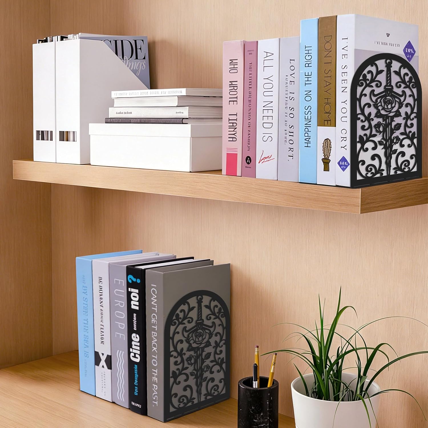 Metal Bookends for Shelves, Book Ends for Heavy Books, Sword and Rose Metal Bookends Non-Skid, Heavy Duty Book Ends for Office Desk Living Room, Black 1pair 4.8" X 8"X 4.4"Inch (Elegant)