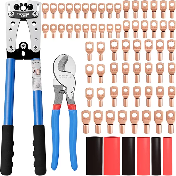 Tivorex Battery Cable Lug Crimping Tool for AWG 10-1/0 Electrical Lug, with Cable Cutter 64pcs Ring Terminals and 70pcs Heat Shrink Tubing