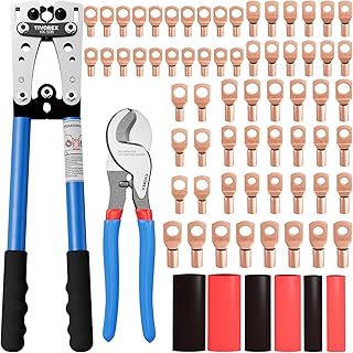 Tivorex Battery Cable Lug Crimping Tool for AWG 10-1/0 Electrical Lug, with Cable Cutter 64pcs Ring Terminals and 70pcs He...