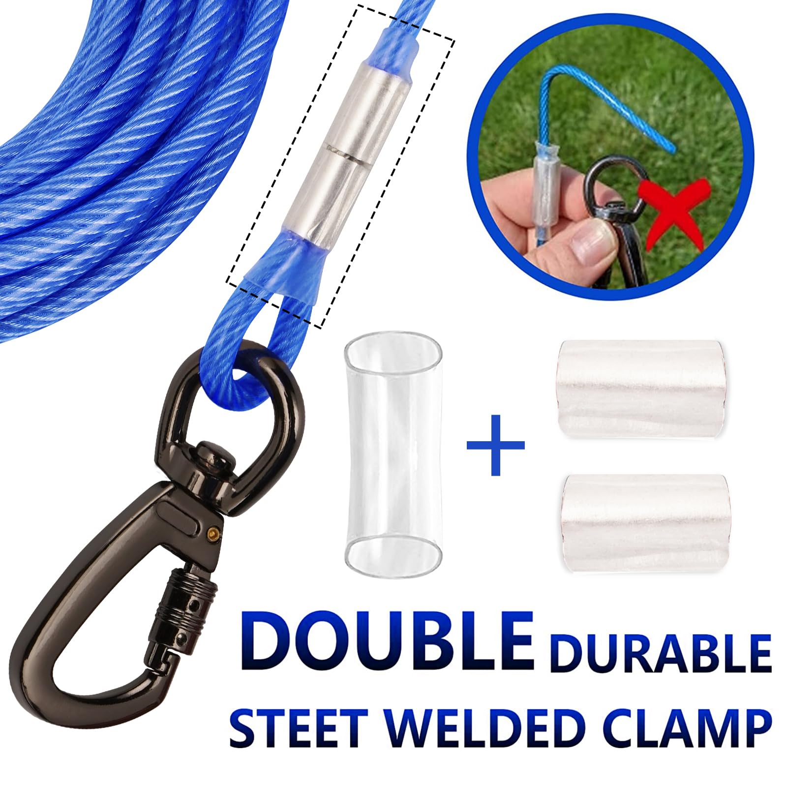 Cable de amarre azul para perros con gancho giratorio de resorte, cadenas de perro resistentes para exteriores, correas de cable para patio, camping, para perros de hasta 500 libras (3 m)