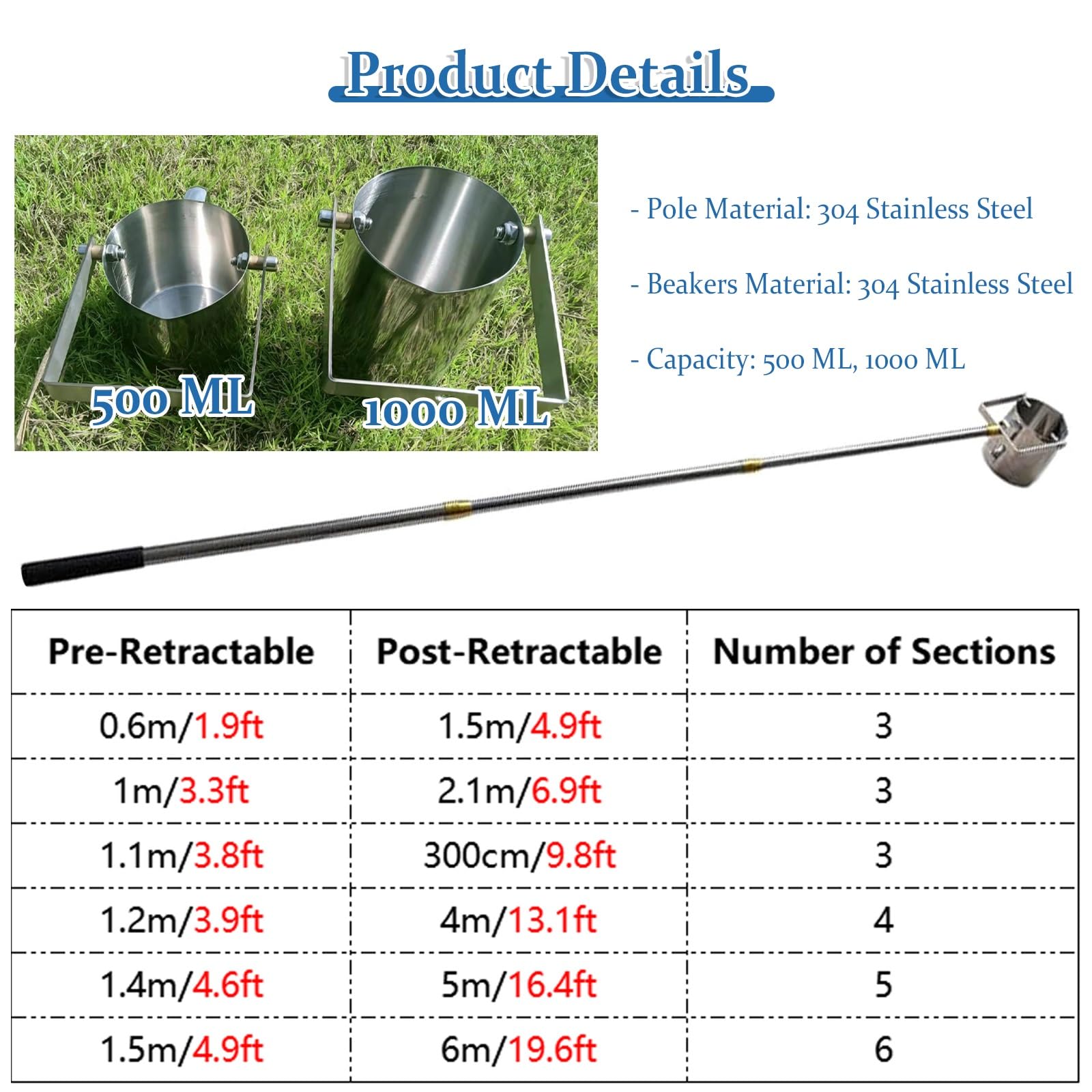 304 Stainless Steel Pendulum Beaker Sampler Ladle, Lightweight Portable Telescopic Extendable Ladle with Swivel Sampling Cup, Liquid Sampler Pole for Water Outlets, Rivers(1000ml Cup,Telescopic Range