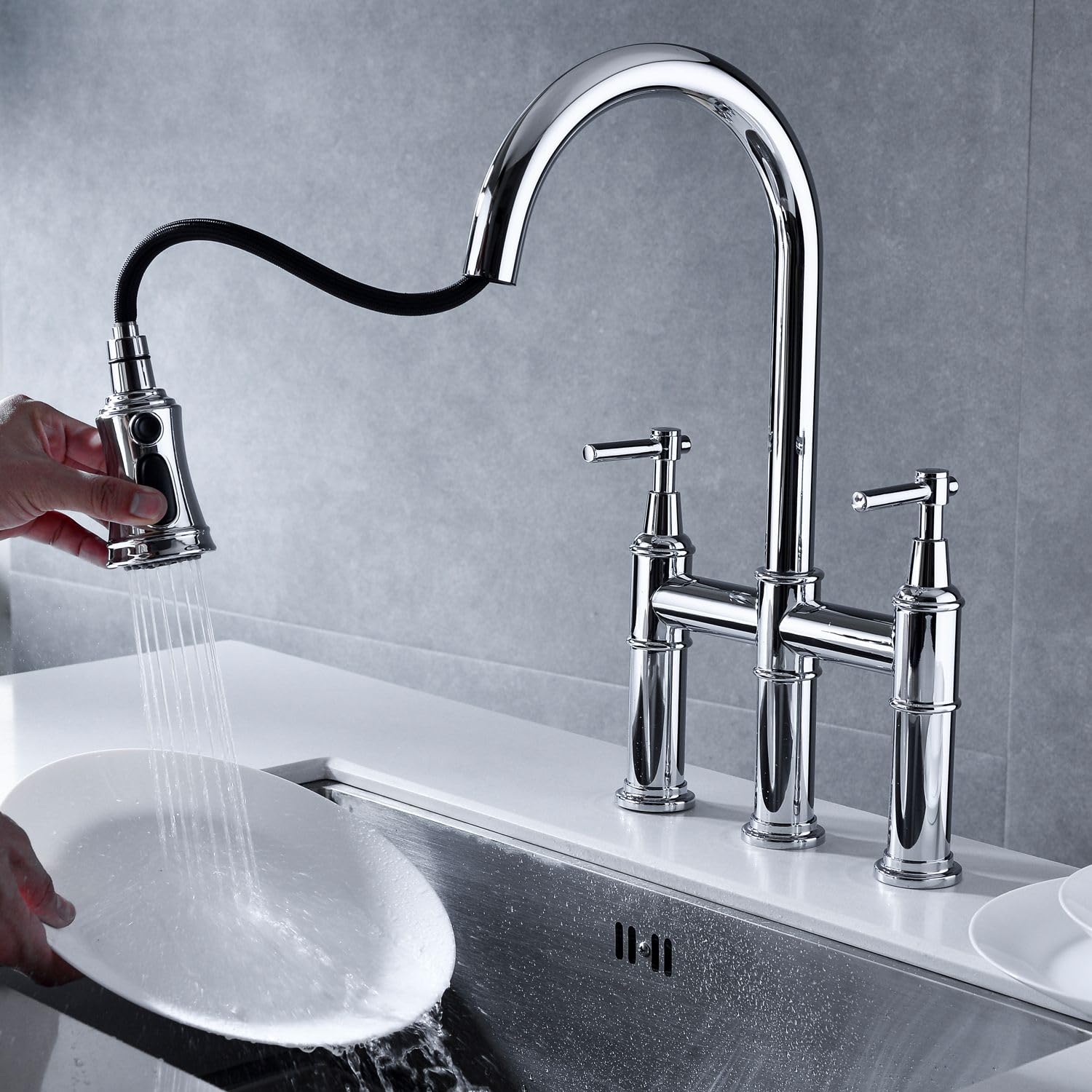 Robinet de cuisine avec douchette orientable 360 et double mitigeur de température