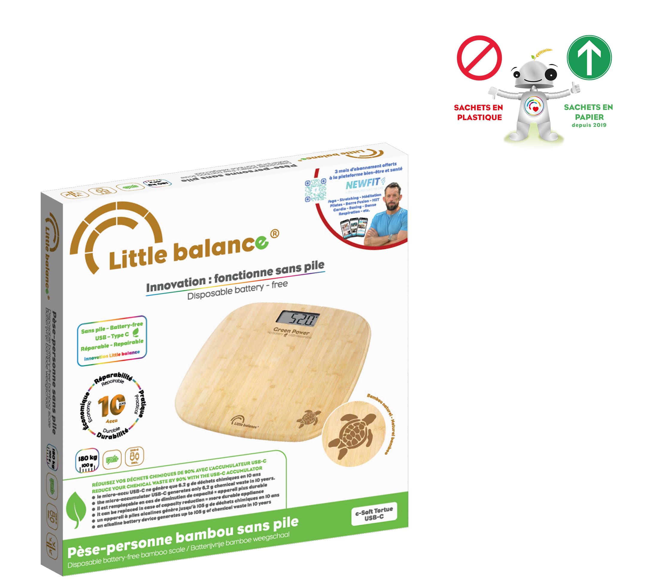 LITTLE BALANCE 8806 Bambou Tortue USB-C, Pèse-personne sans pile, Rechargeable USB-C, Réparable, 180 kg, Bambou véritable