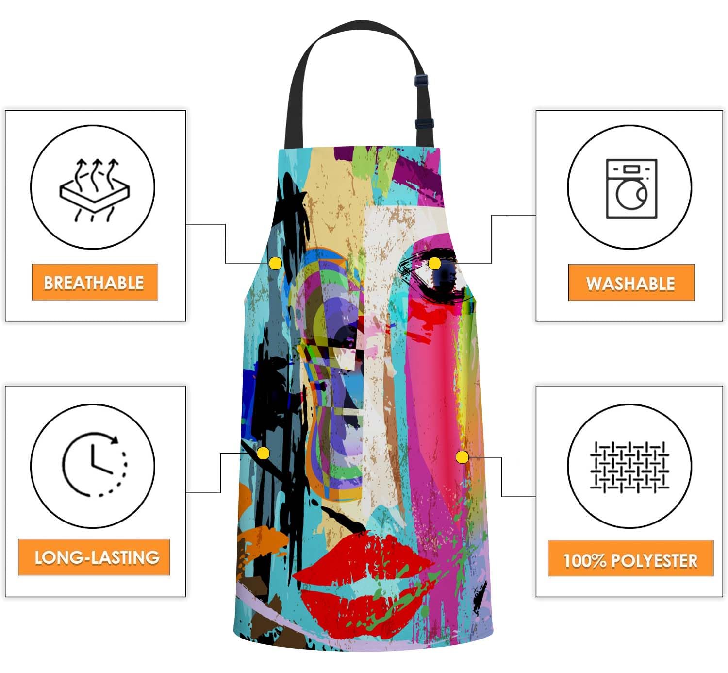 Smooffly Rainbow Face Apron Unisex Adjustable Bib Apron Cooking Kitchen Chef Women Men Aprons for Home Kitchen Restaurant,Coffee House,Shop,Garden - Image 4