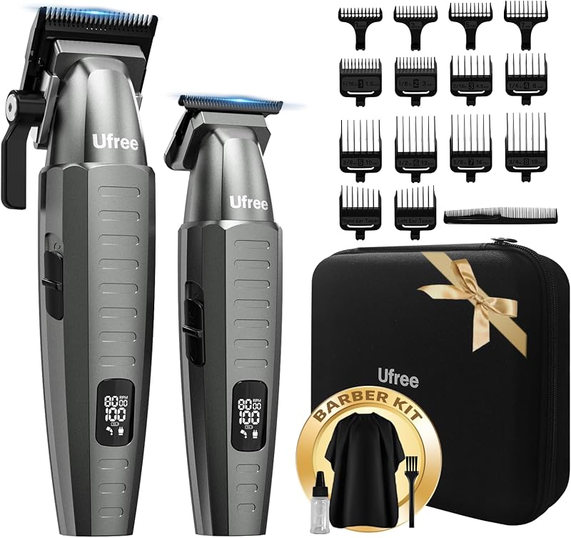 Ufree Cordless Hair Clippers for Men, Professional Barber Clippers Set | DLC Blades, 8000 RPM, Travel Case, LED Display, 150-Min Battery, Home and Barber Use