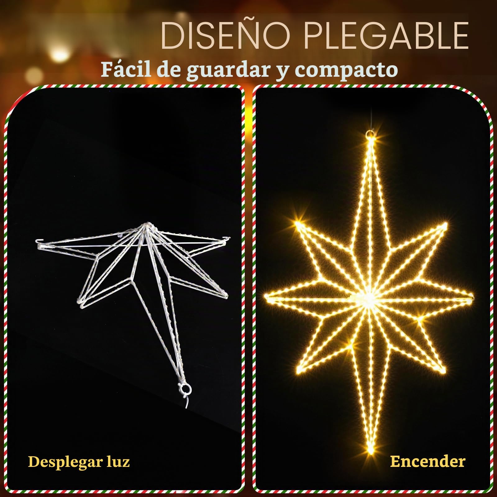 Quntis 62CM Luces de Navidad Exterior Estrella con Enchufe, 360 LED Superbrillantes Cortina de Luces Navidad Ventana Decorativas con Gancho, Blanco Cálido Luz de Ventana para Decoración Navideña