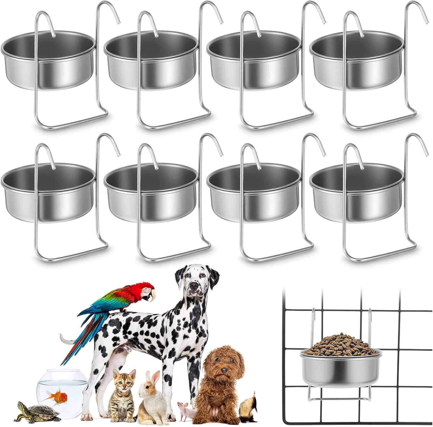 8 Pcs Stainless Steel Hanging Pet Bowl, 10 oz Kennel Food and Water Dish Feeder Coop Cup with Hook for Dog Crate, Cat, Rabbit Birds Chicken Cage No Spill