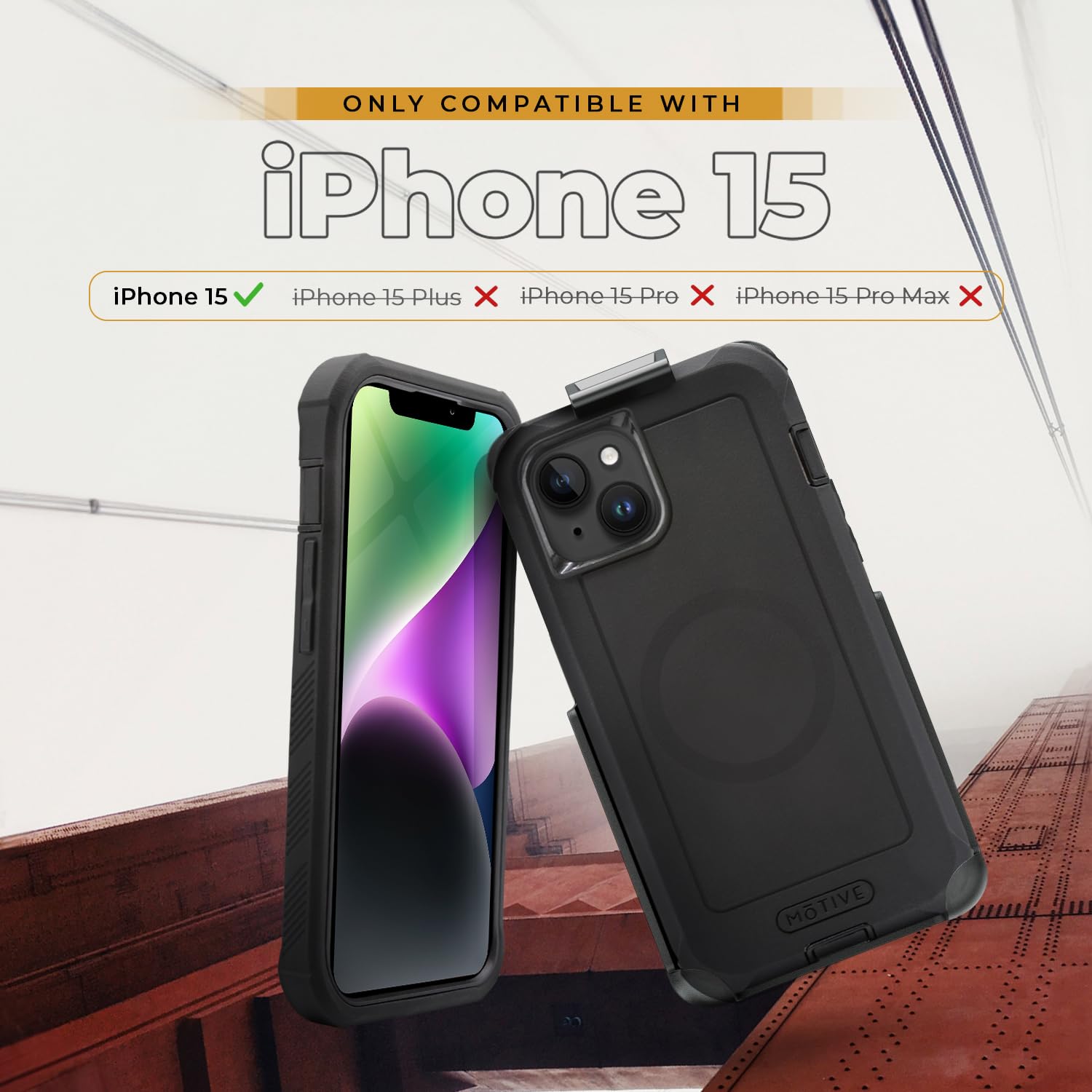 Motive Coque pour iPhone 15 avec Clip Ceinture, Coque magnétique Compatible MagSafe, Robuste et Protection de qualité Militaire à Quatre Couches pour iPhone 15, 6,1 Pouces, Noir