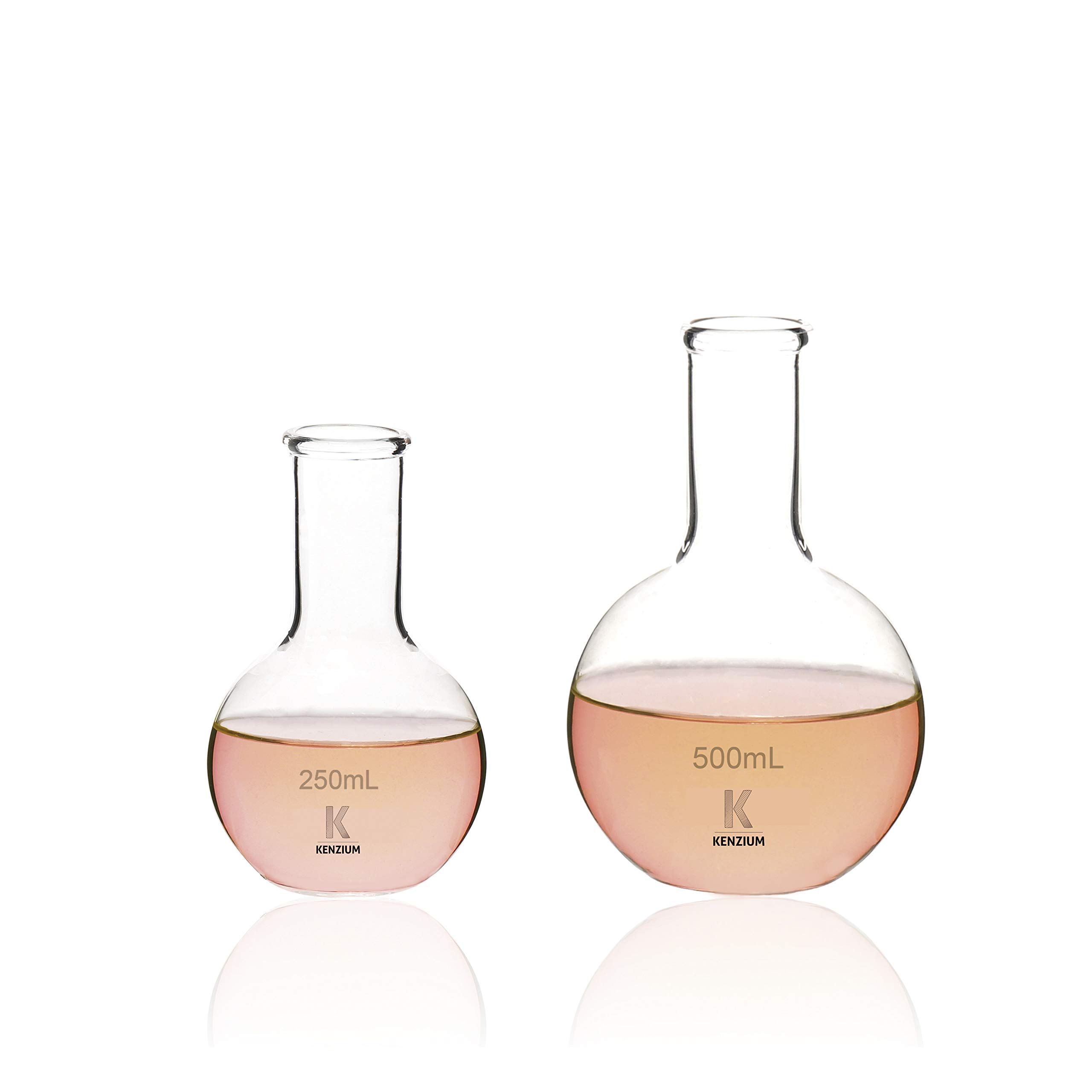 KENZIUM - Set di 2 Matracci a Fondo Piatto, 250 e 500 ml di Capienza | Vetro borosilicato 3.3, Molto Resistente, Collo Stretto, Senza Graduazione, Ideale per Ebollizione | Laboratorio
