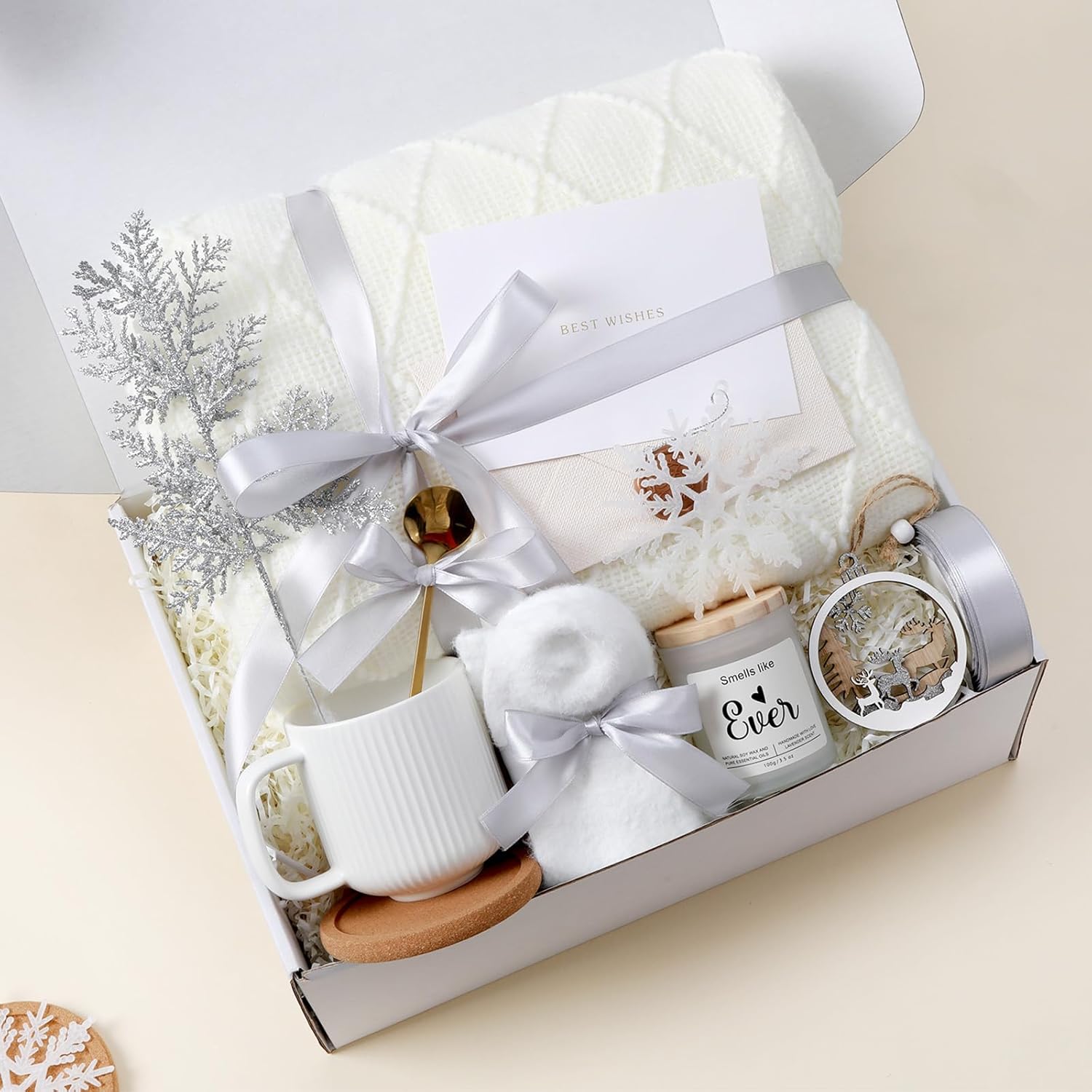 Winter Gift Basket for Women Self Care Package Thinking of You Box Set Include Coffee Mug Cozy Knit Blanket Socks Relaxing Spa Gifts for Coworkers Friends Teacher Mom Sister Wife Holiday Gift Set