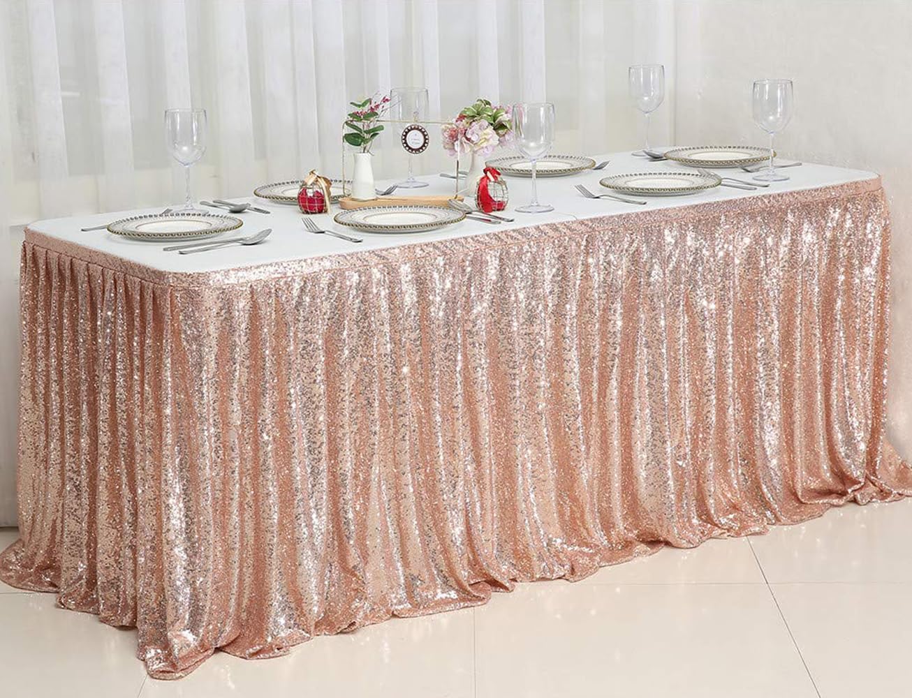 Juya Delight Sequin Table Skirt Rectangle Round Table Cover for Party Wedding Baby Shower Decoration（Rose Gold，L 14(ft) * H 30in ）