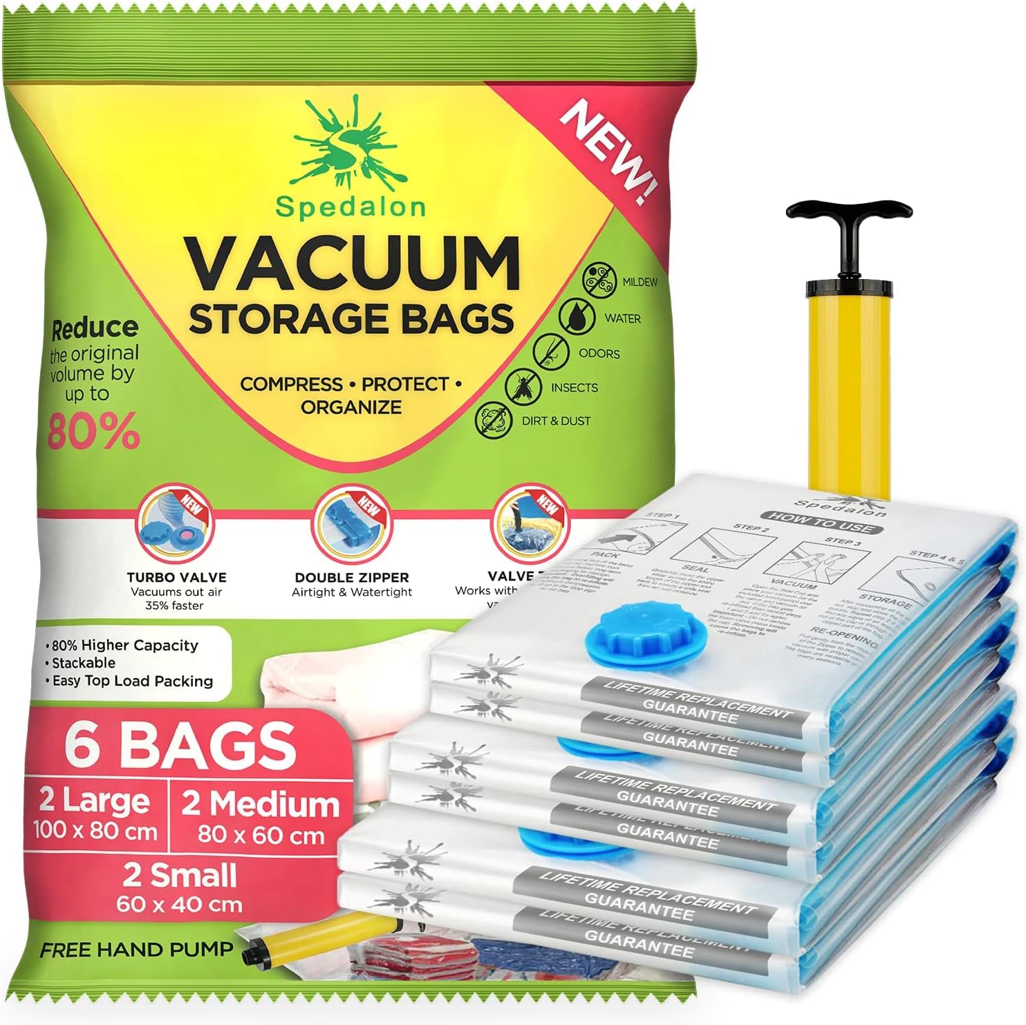 SpedalonVacuum Storage Bags for Clothes, Duvet, Bedding, Pillows, Mattress - Pack of 6 (2 Jumbo + 2 Large + 2 Small) Space Sealer Bags - Moving bags with Free Hand Pump for House & Travel Packing