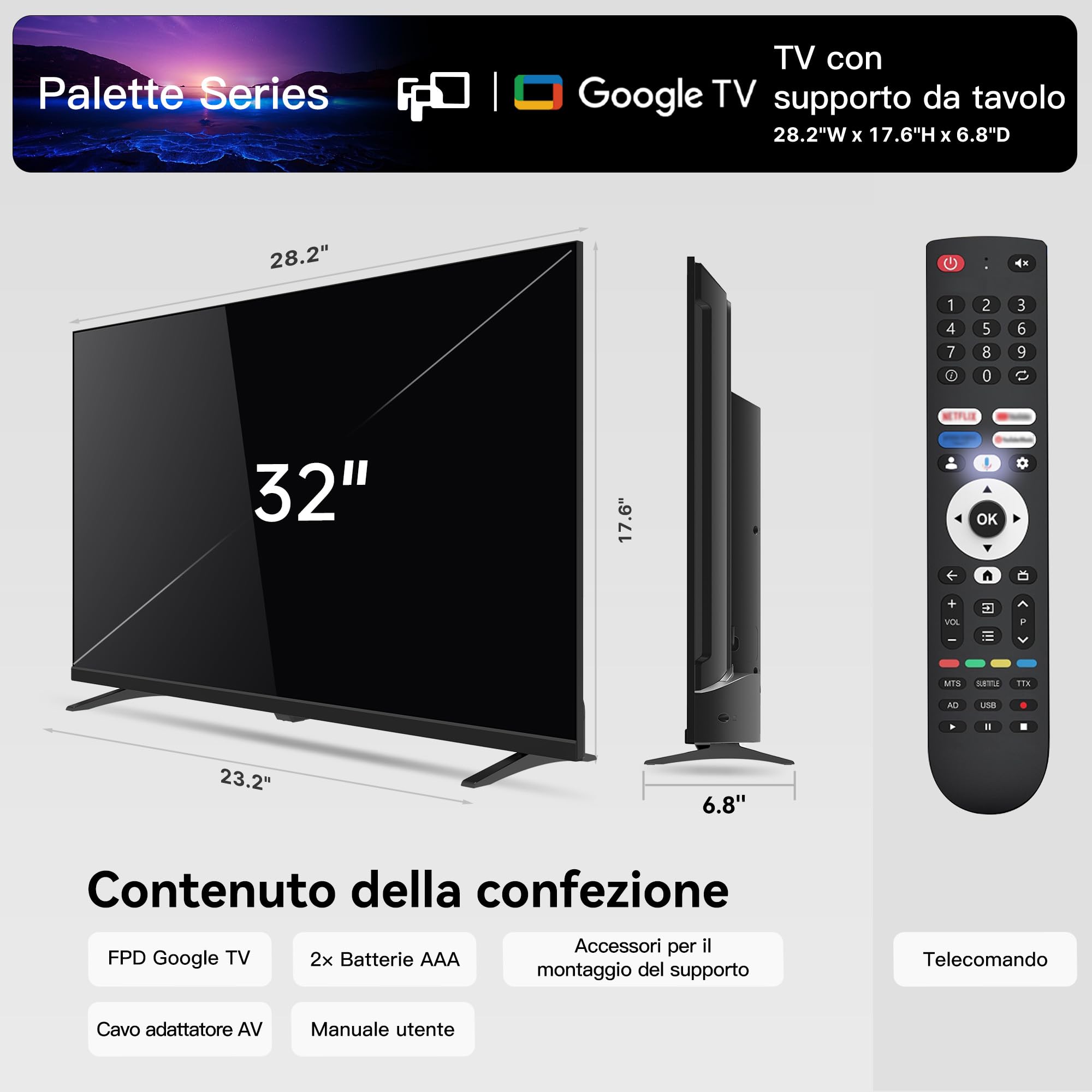 FPD Smart TV 32 pollici – (81 cm) Google TV con Google Play e Chromecast, 720p, HDR 10, Dolby Audio, telecomando vocale, streaming TV in diretta, televisione 32 pollici