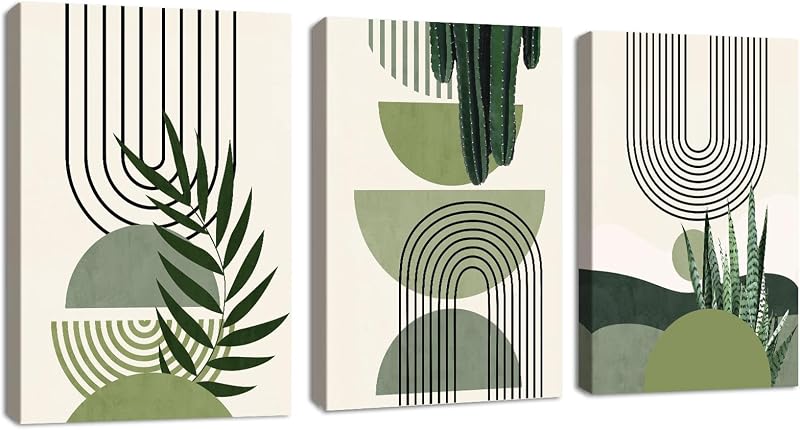 FajerminArt 3Pcs Framed Sage Green Canvas Wall Art, Modern Aesthetic Green Plant Wall Art Boho Home Decor Poster Canvas Painting Wall Decor for Bedroom Living Room Office Ready to Hang 30x40cmx3 Pcs