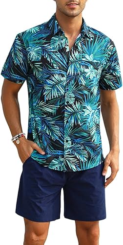 EISHOPEER Conjunto de camisa hawaiana con flores para hombre, casual, con botones, de manga corta y pantalones cortos de playa de secado rápido,