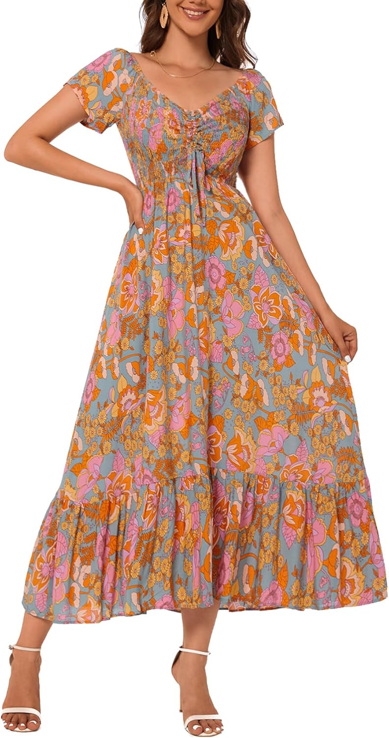 Women's Summer Casual Short Sleeve V Neck Smocked Elastic Waist Tiered Boho Floral Flowy Maxi Dress - Image 2
