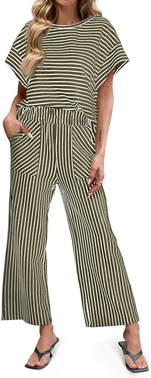 Tankaneo Womens Striped 2 Piece Sets Short Sleeve T Shirts Wide Leg Pants Matching Lounge Set with Pockets