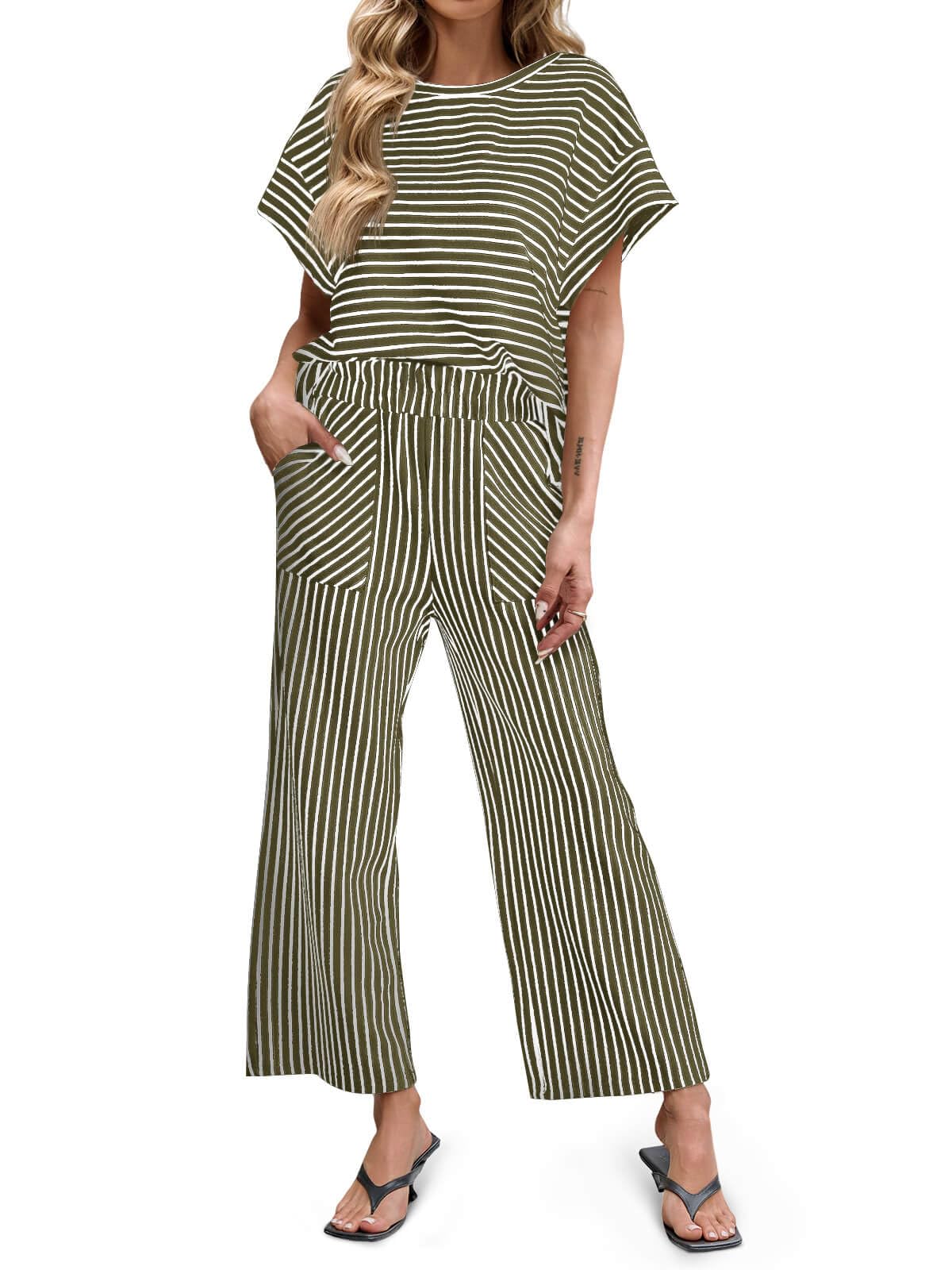 Tankaneo Womens Striped 2 Piece Sets Short Sleeve T Shirts Wide Leg Pants Matching Lounge Set with Pockets