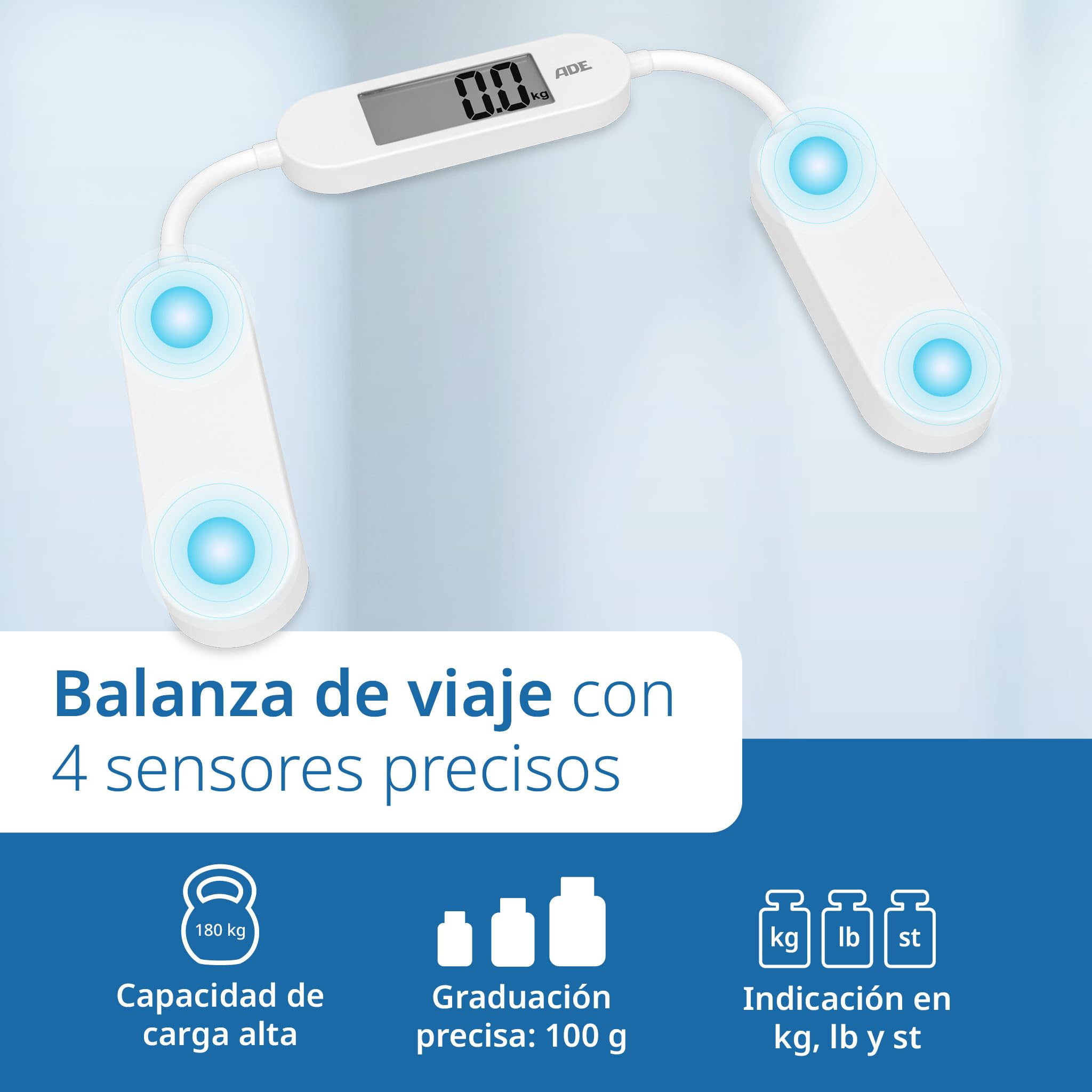 ADE Báscula de viaje plegable | Báscula digital con capacidad de carga de 180 kg en incrementos de 100 g | Báscula de cuerpo precisa con pantalla LCD