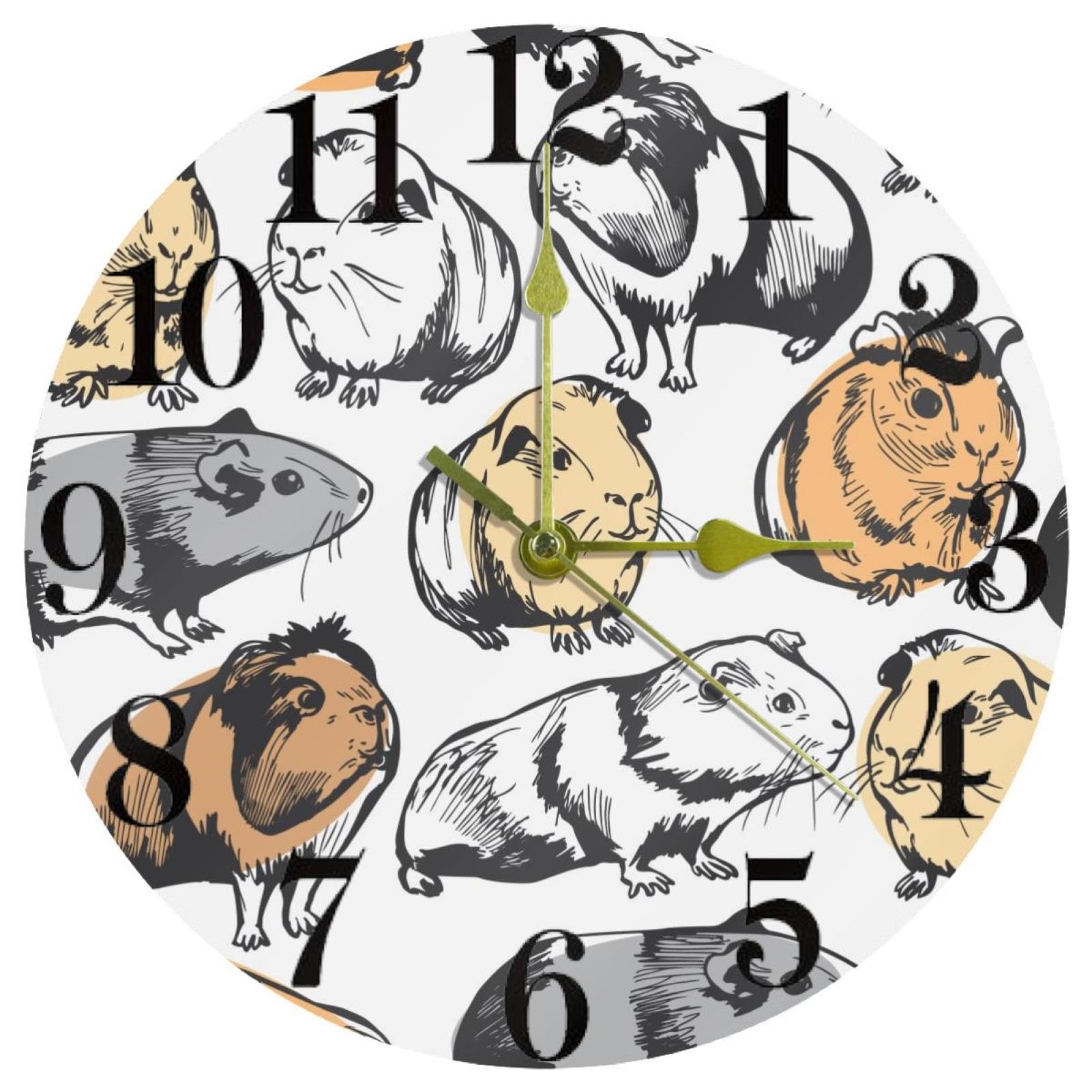 Horloge murale ronde à quartz cochon d'Inde silencieuse