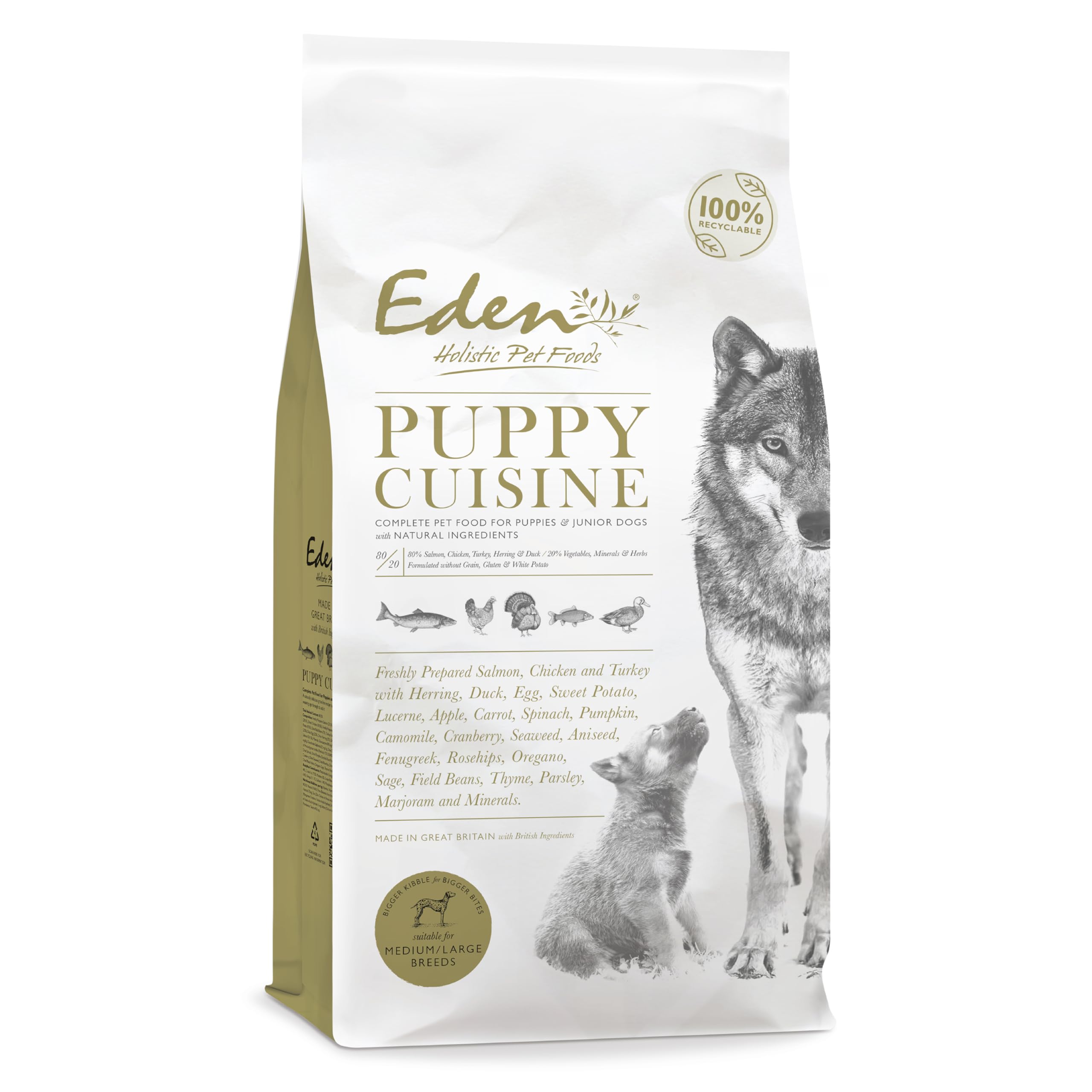 Eden Puppy Cuisine 2kg Medium Kibble. Naturally Complete Premium Dry Puppy Food for Puppies & all-lifestages -Salmon, Chicken, Turkey, herring, and duck. For the best start in life.