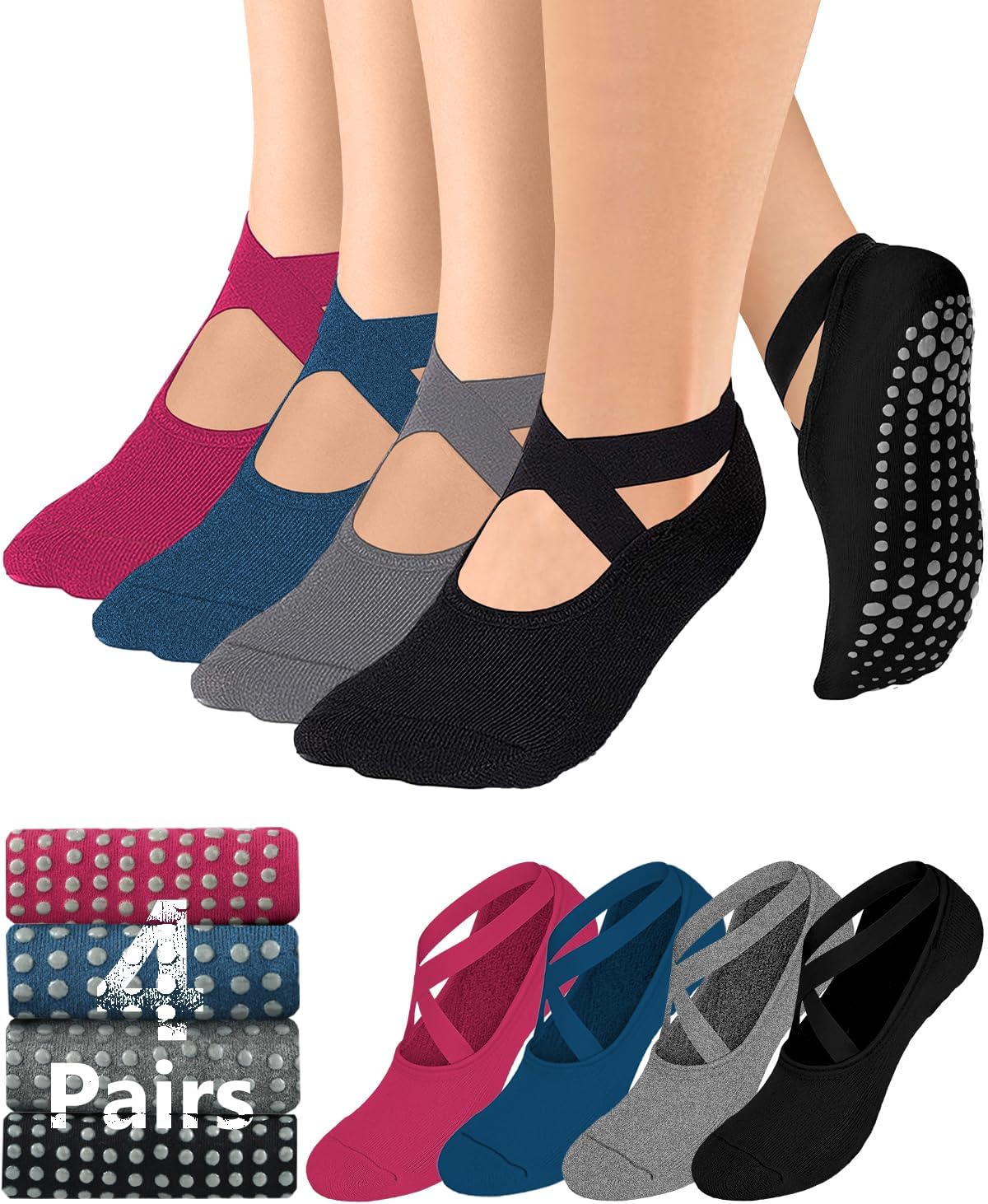 AURUZA Pilates Grip Socks for Women Non Slip Skid Yoga Socks with Grips Straps for Ballet Dance Workout Gripper Socks