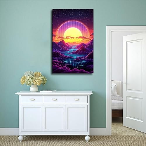 Miniatura 4 de Retro Futurism Sunset Wall Art  Neon Synthwave Landscape Poster for Bedroom, Game Room, Living Room Decor Canvas Poster Wall Art Decor Print Picture