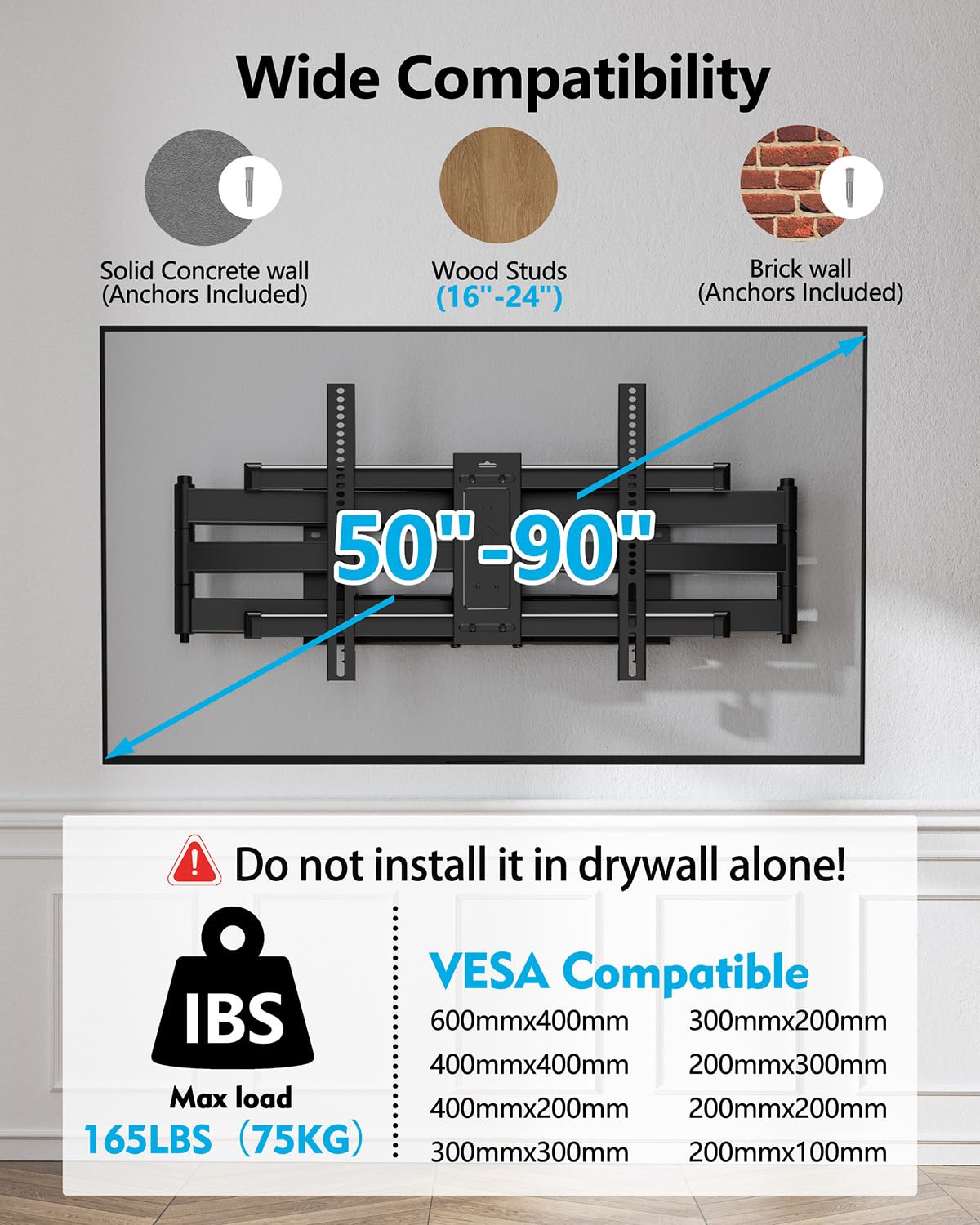 supporto tv parete FORGING MOUNT Supporto a parete per TV Braccio lungo 1090 mm orientabile e inclinabile per TV o monitor piatti e curvi da 37-90 pollici fino a 75 kg, VESA max. 600x400 mm