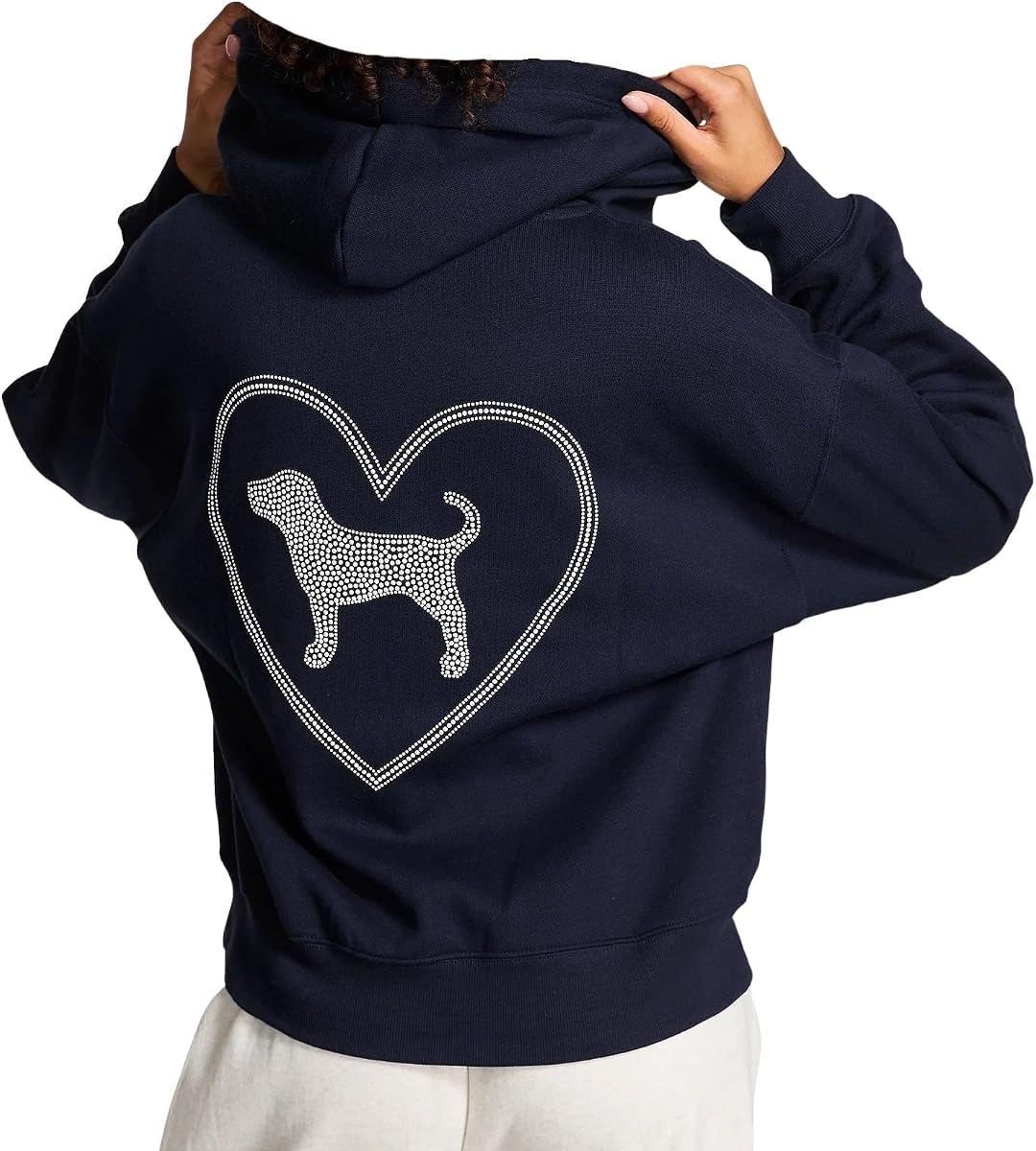 Victoria's Secret PINK Ivy Fleece Zip Hoodie Navy Rhinestone Dog New