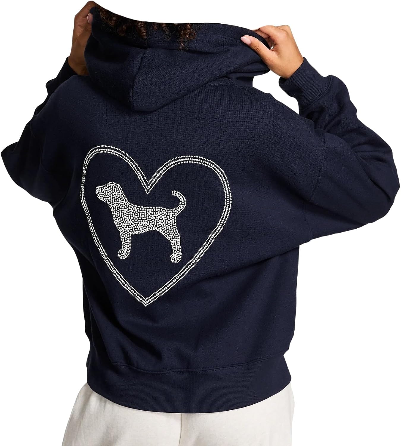 Victoria's Secret PINK Ivy Fleece Campus Full-Zip Hoodie Navy Blue Rhinestone Heart Dog Logo Limited Edition New