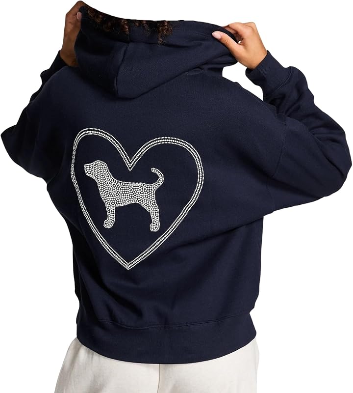 Victoria's Secret PINK Ivy Fleece Zip Hoodie Navy Rhinestone Dog New
