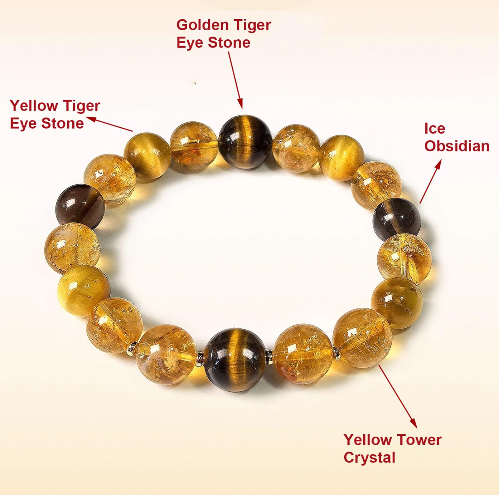 Braccialetti con Perline di Occhio di Tigre, Braccialetti di Cristallo curativo Fatti a Mano, Braccialetti Elastici in Pietra di Cristallo Giallo Naturale per Uomo e Donna,15.5mm