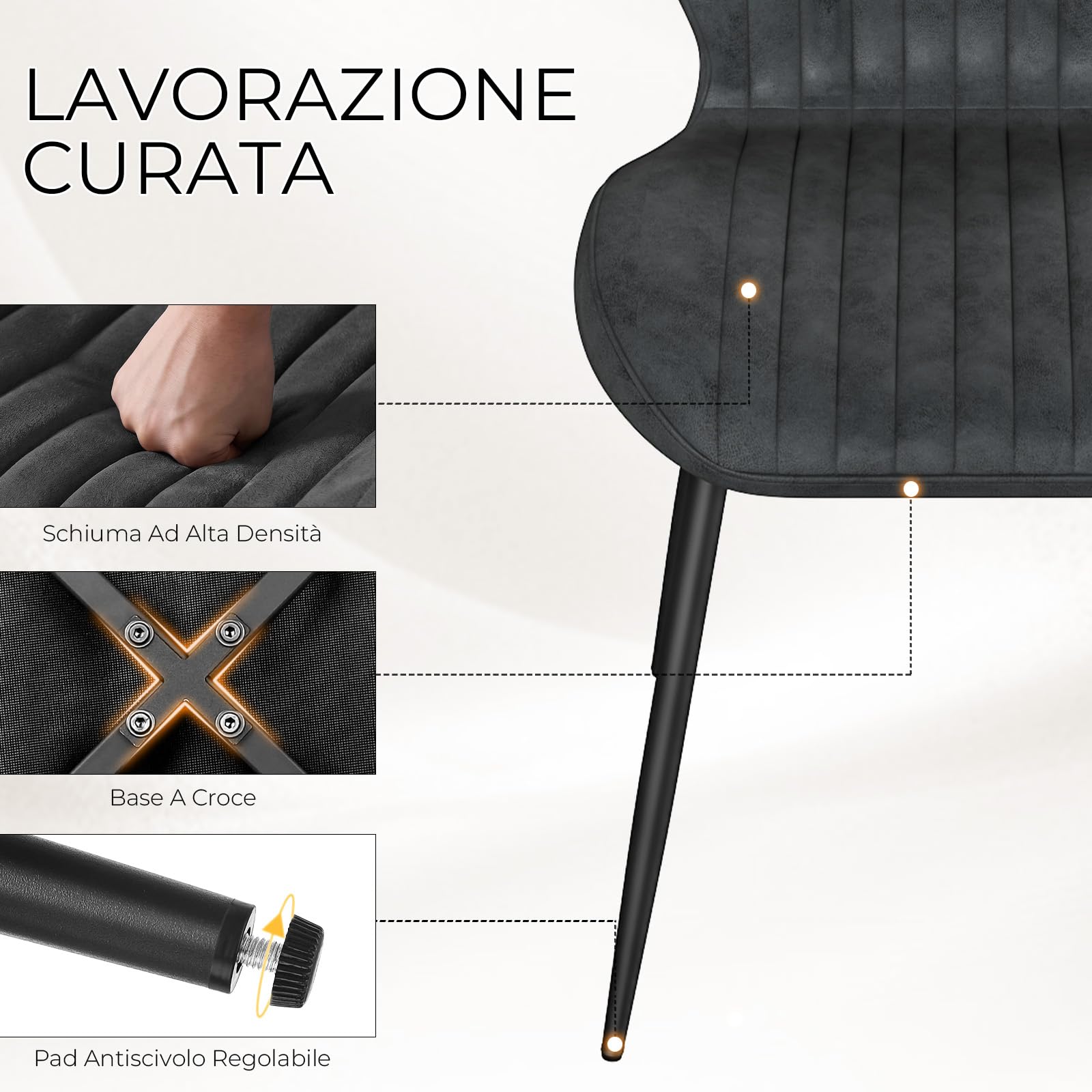 LEWE Set di 4 Sedie da Pranzo, Sedie da Cucina Imbottite in Tessuto, Grigio | Sedie da Soggiorno Moderne, Schienale Ergonomico, Gambe Metalliche, Maniglia, per Sala da Pranzo, Cucina, Salotto, Camera