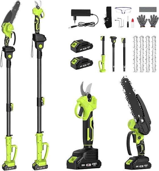 Tronçonneuse télescopique 4-en-1 à batterie, perche 3,8 m, sécateur électrique 32 cm, 4 chaînes, 2 batteries