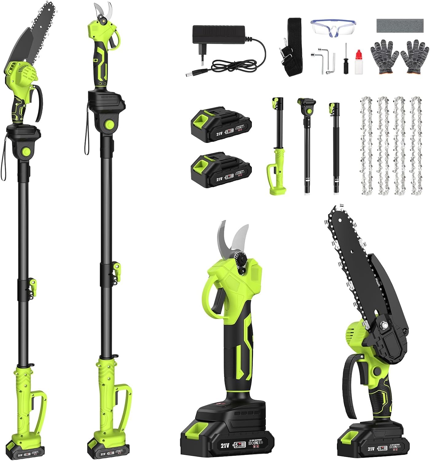 Motosega e Cesoie Elettriche Telescopiche, 4 in 1, Set di attrezzi da giardino con 4 Catene, 2 Batterie, Taglia siepi Telescopico, 6 pollici Troncatrice angolare regolabile, ideale per dimensioni