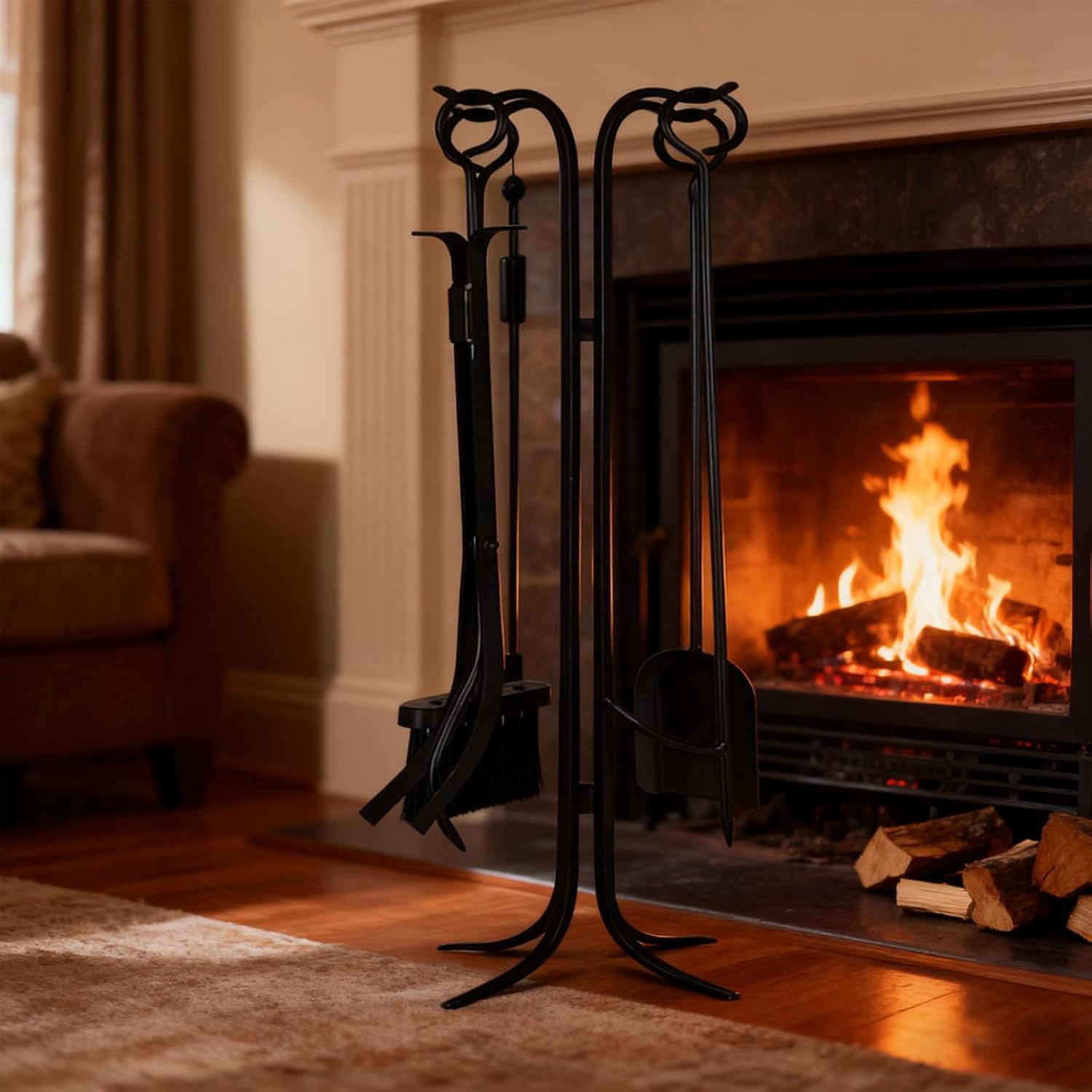 5Pcs Fireplace Tools-28 Inch Wrought Iron Fire Place Set Tools with Stand,Fireplace Tools Set Indoor,Fire Pit Tools with Poker Shovel Tongs Brush and Stand(Black)
