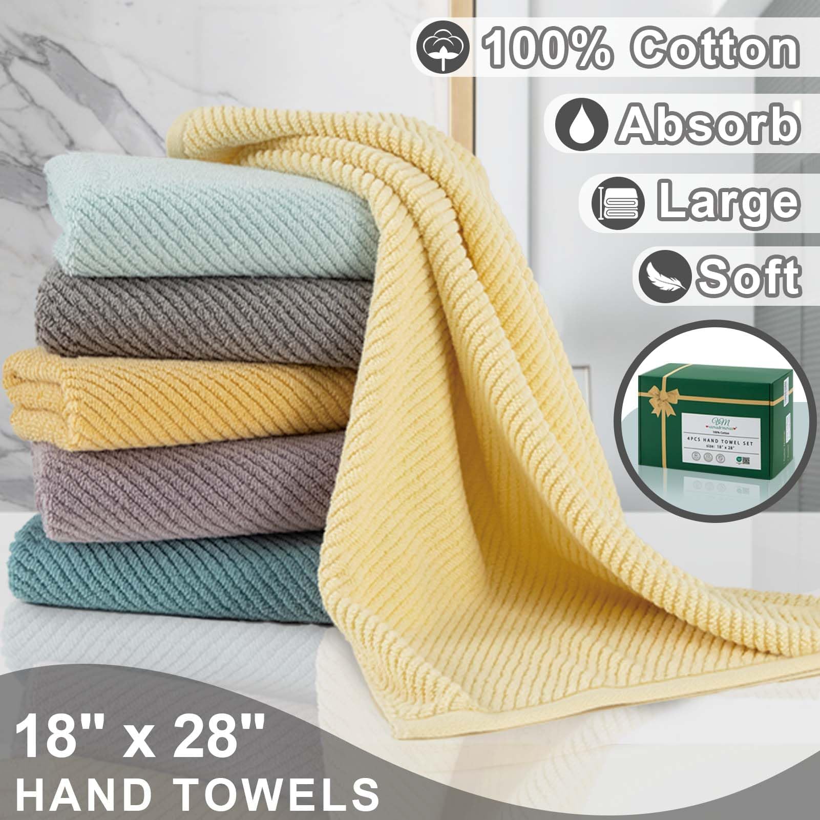 Toallas de mano blancas para baño, paquete de 4 toallas de mano de lujo, grandes de 18 x 28 pulgadas, 100% algodón, gruesas, de secado rápido, suaves, perfectas para uso diario y regalo, con caja de