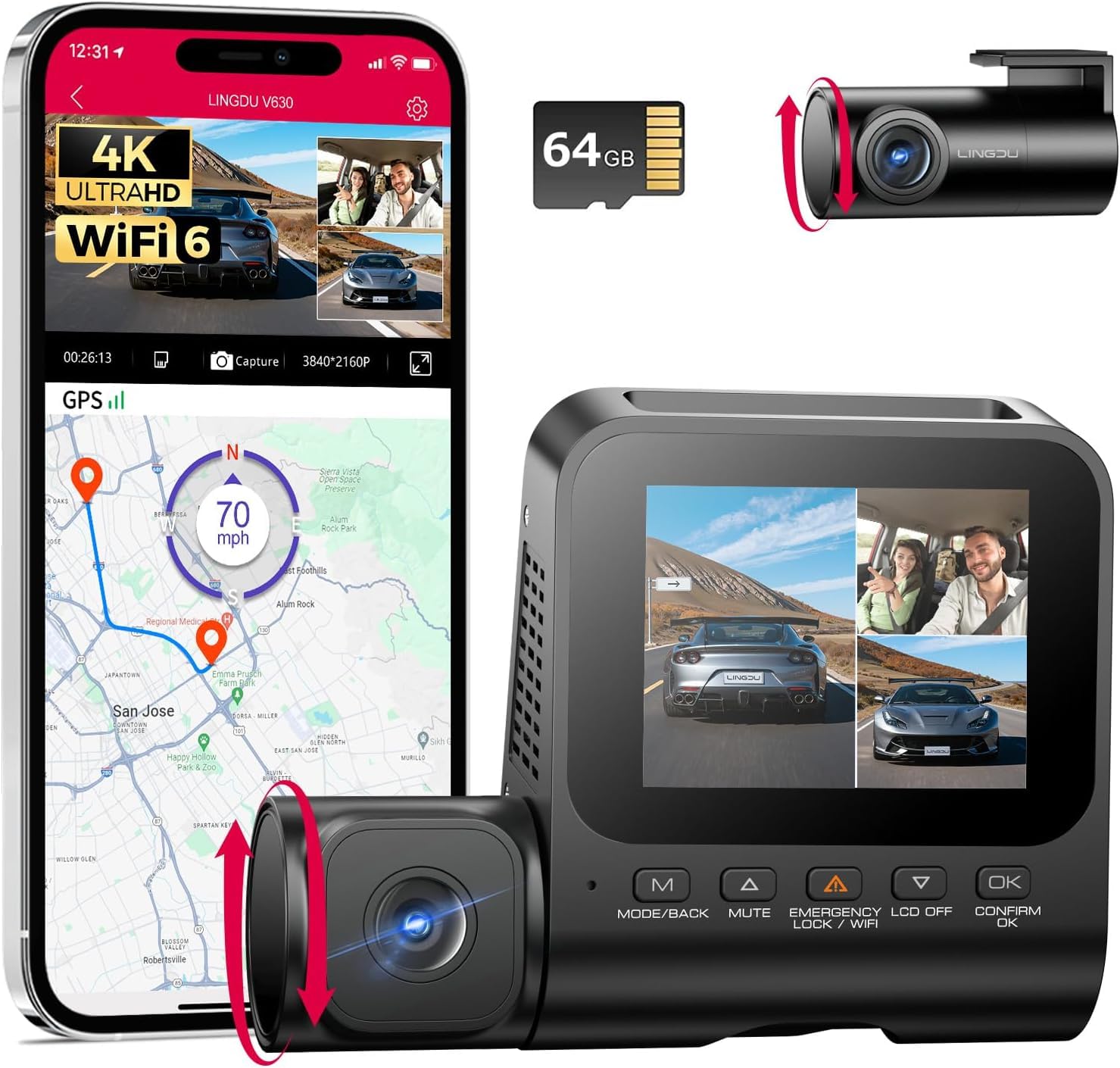 Cámara de Coche WiFi GPS 4K de 3 Canales, 4K+1080P+1080P Dashcam Camara Coche con Visión Nocturna IR, Control de Voz, Tarjeta SD de 64GB, Pantalla IPS de 2.4", Monitor de Aparcamiento 24H V630